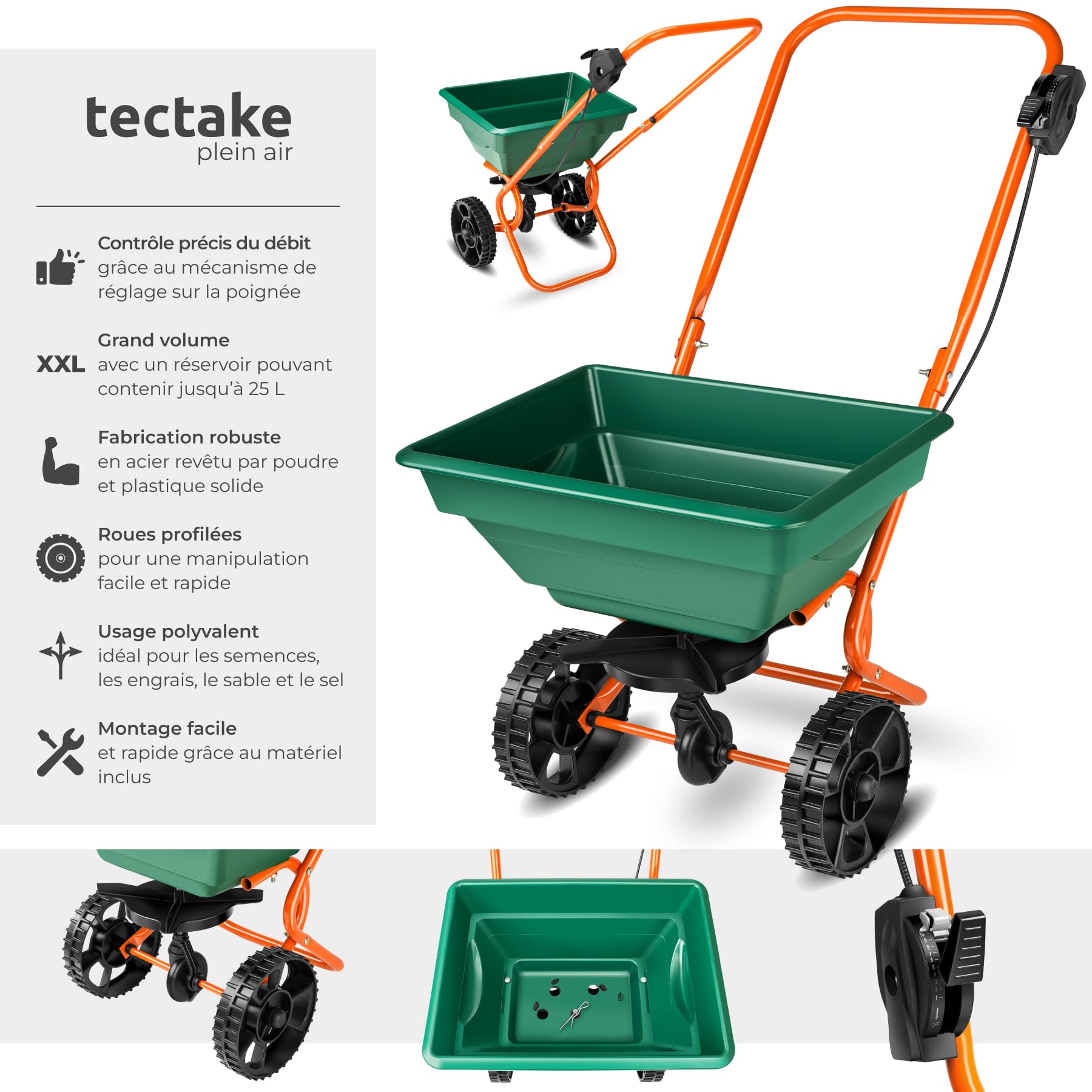 tectake® Épandeur pour Semence Gazon a semer & Fertilisant Gazon Semoir à graines Volume 25L, Grande Roues, pour Engrais Sel de déneigement Sable Graines Fleurs à semer Gravier et semences Jardin