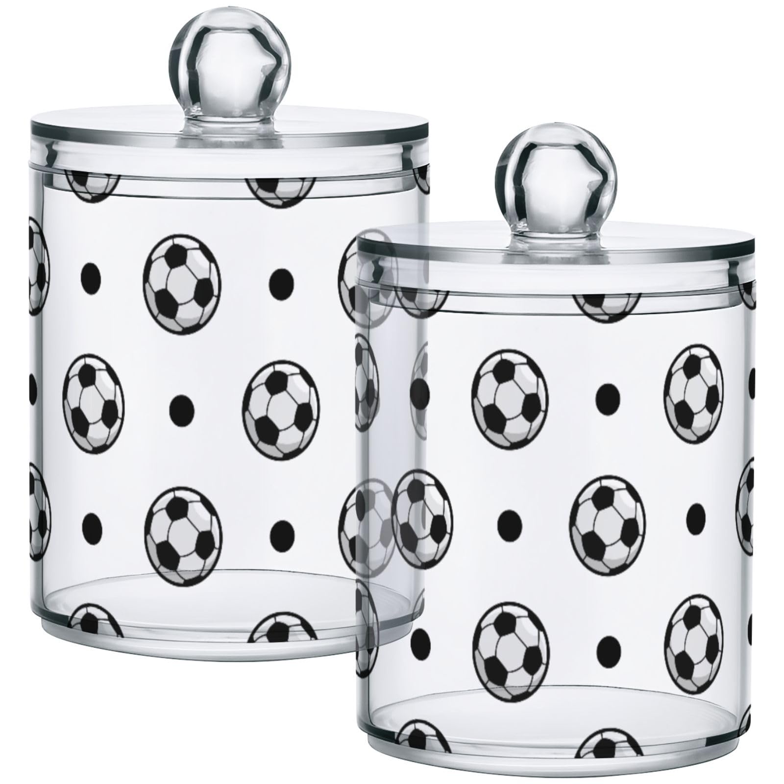 Gredecor 2 Pack Qtip Holder Clear Soccer Ball Black Dots Apothecary Jars with Lids Acrylic Bathroom Jars Vanity Countertop Canister Storage Organizer for Cotton Ball,Swabs,Pads,Floss