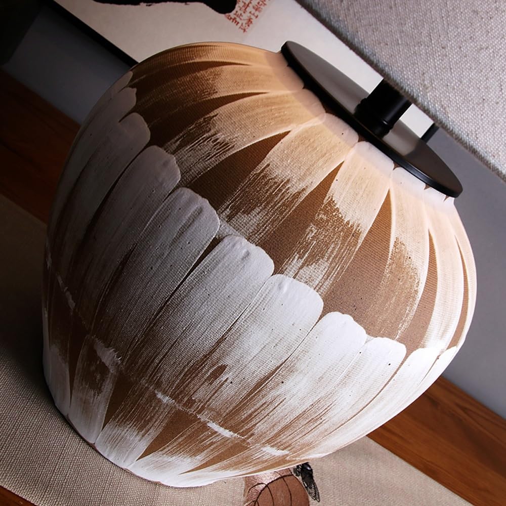 Rustykalna wiejska biała brązowa ceramiczna lampa stołowa, E27 Elegancka minimalistyczna lampa biurkowa do sypialni, salonu, domowego biura(Dimming Switch,S)