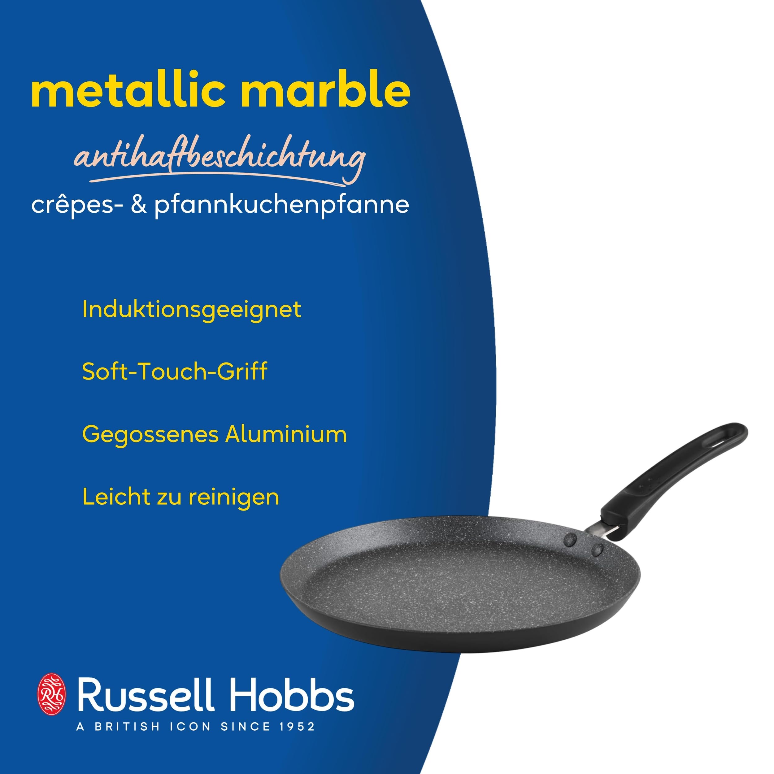 Russell Hobbs Crêpe-Pfanne, Pfannkuchenpfanne, Metallic Marble, Antihaft, Flache Omelettpfanne, Induktionsgeeignet, Weicher Griff, Geschmiedetes Aluminium Kochgeschirr, Leicht zu Reinigen, Grau, 25cm | Geschmiedeter Aluminiumkörper, flache Crêpe-Pfannenfo