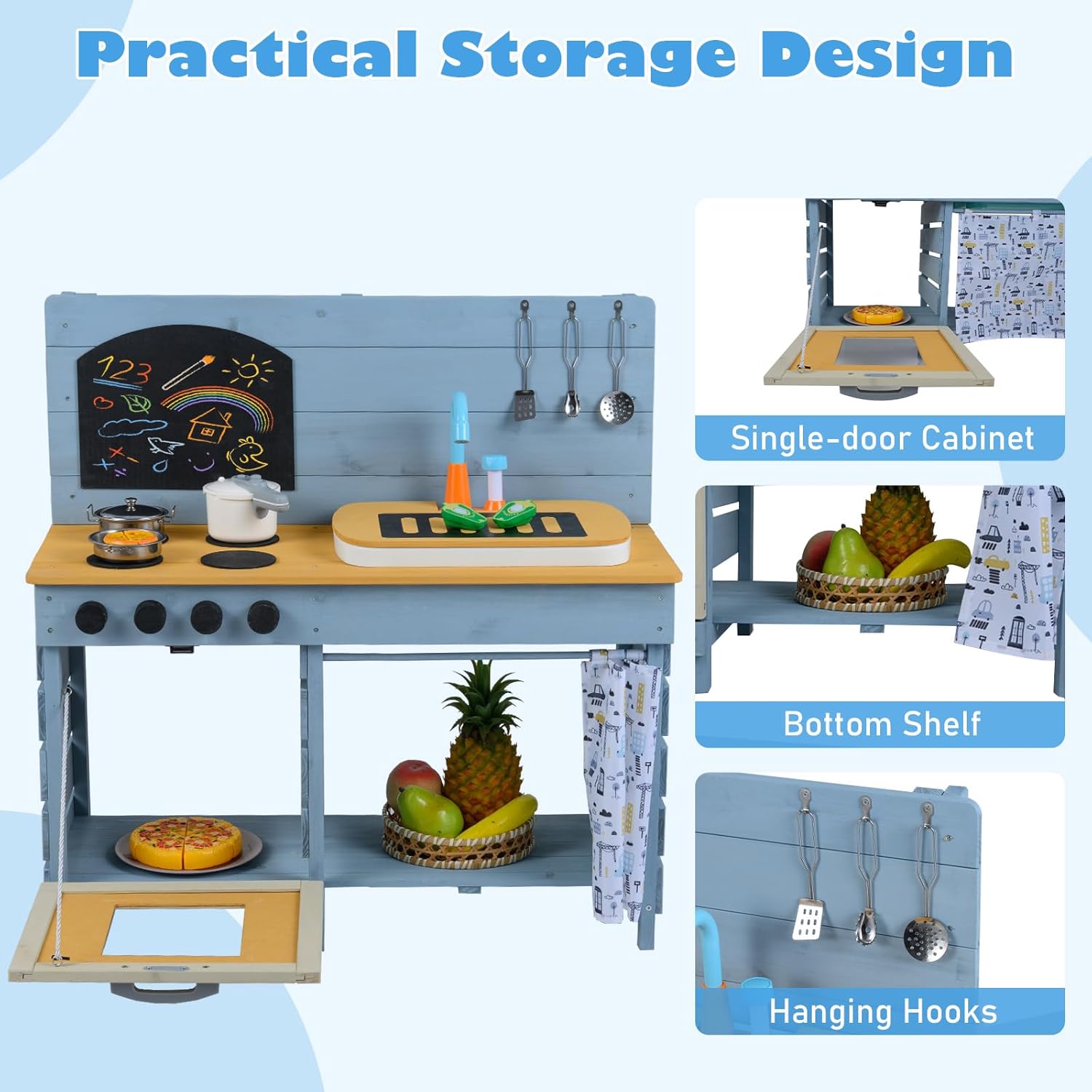INFANS Mud Kitchen, Kids Outdoor Wooden Kitchen Play Set with Removable Sand Water Sink Cover Cloth Faucet Chalkboard Stoves Toddle