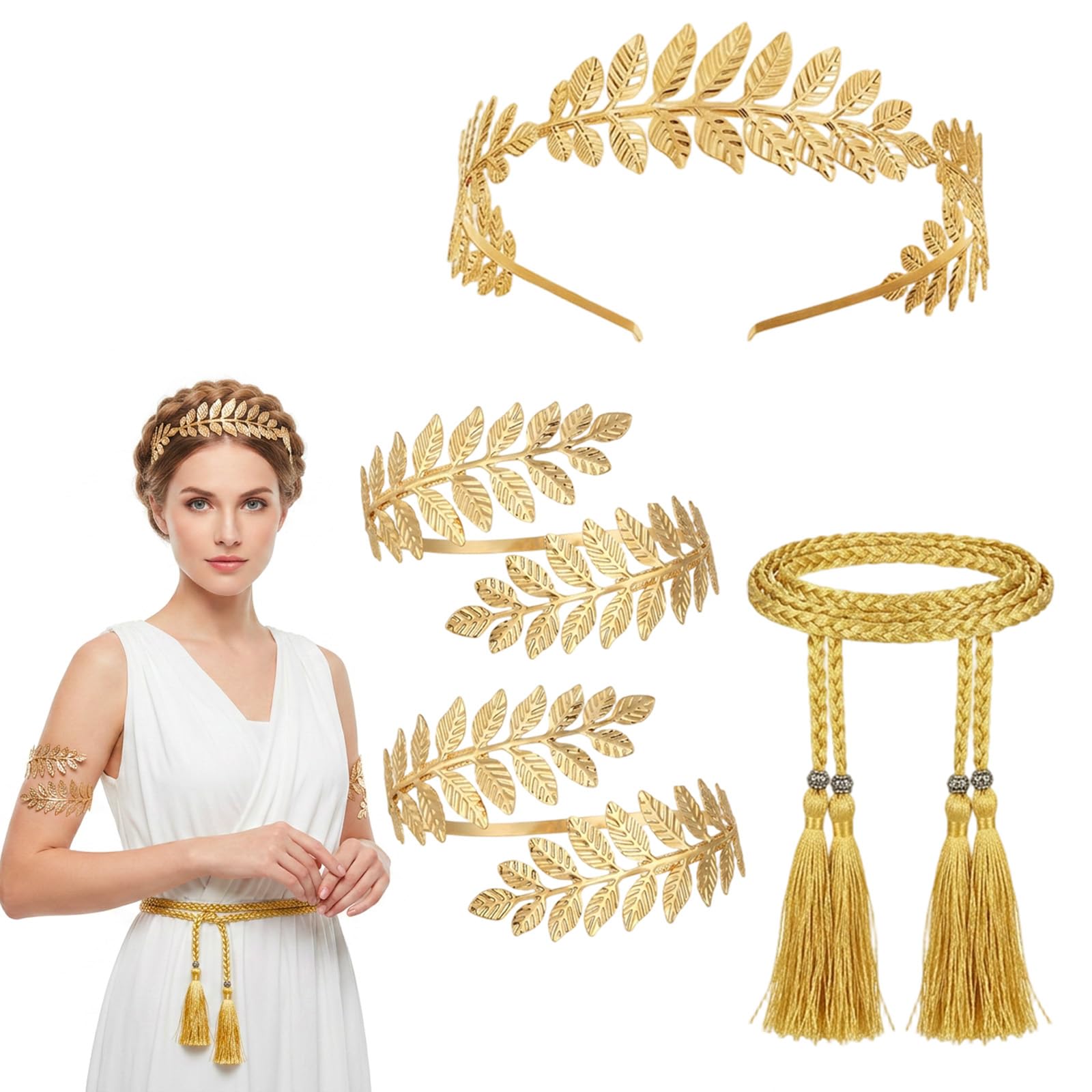 Aguwgax 4Pcs Greek Goddess Accessories Set, Gold Leaf Crown, Tassel Waist Chain and Arm Cuffs for Women Roman Fancy Dress Costume