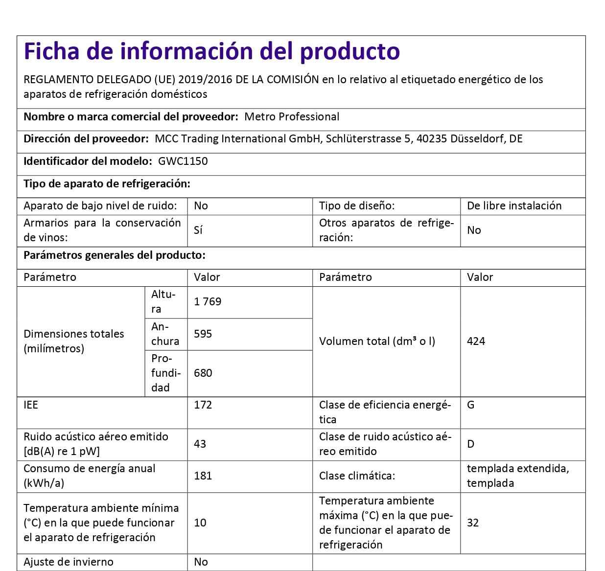 METRO Professional Cave à Vin GWC1150, Réfrigérateur Vins/Boissons, 424 L, 140 Bouteilles, Avec Serrure, Noir
