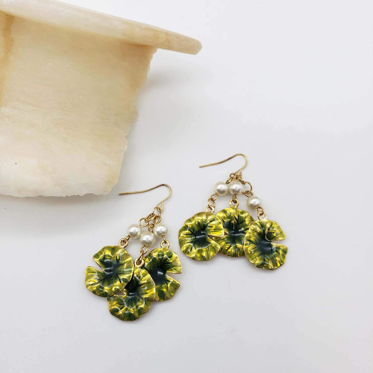 Monet Lily Pad Drop Earrings with Faux Pearls - Triple Drop - Gold Plated