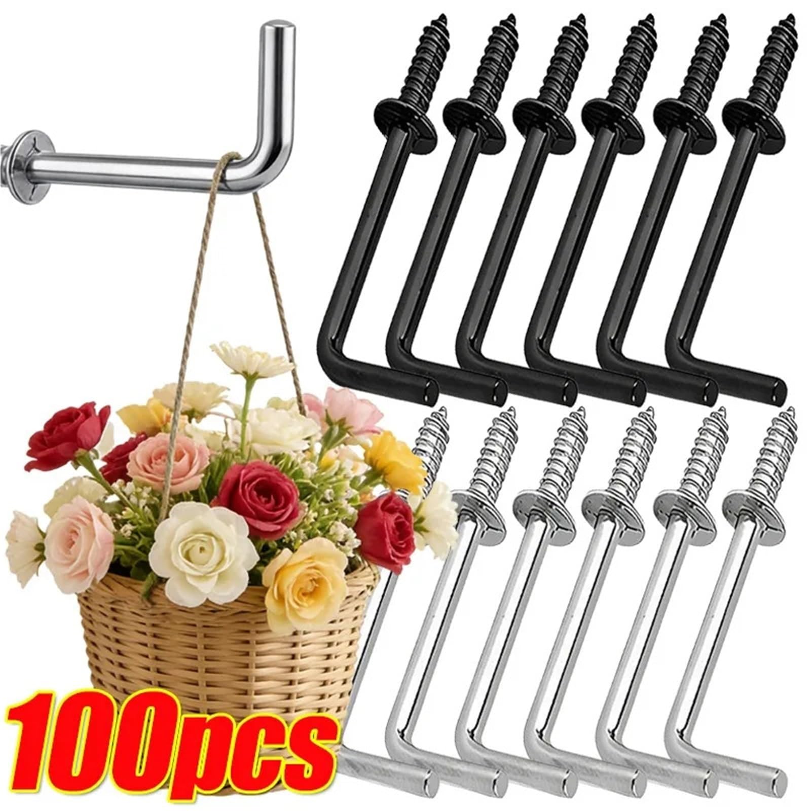 Crochet en L Mural Vis autotaraudeuse robuste, crochet métallique en forme de L, plafond à Angle droit for suspendre l'organisateur de la maison(Black,50PCS)
