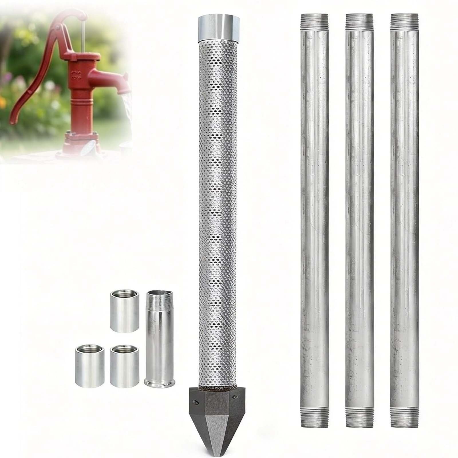 Well Drive Point,1-1/4 Inch Stainless Steel Sand Point Well Kit,Heavy Duty Shallow Well Drilling Kit with 36" Pipe 60 Gauze Mesh,Galvanized Pipes and Couplings(3+1kit)