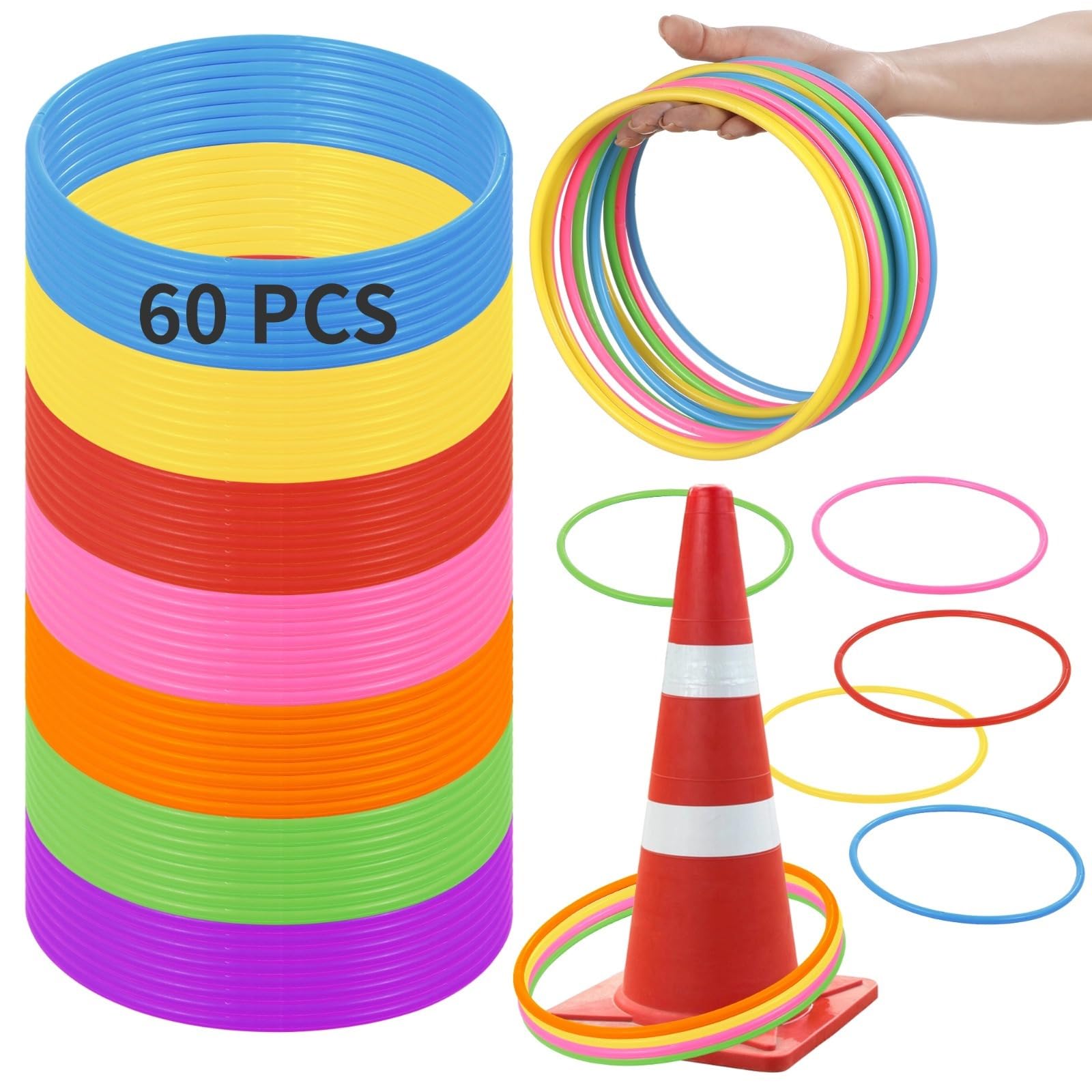 Bosreroy Set of 60 Multicolored Plastic Rings, 7 Toss Rings for Carnival Games, Speed Practice, and Backyard Fun