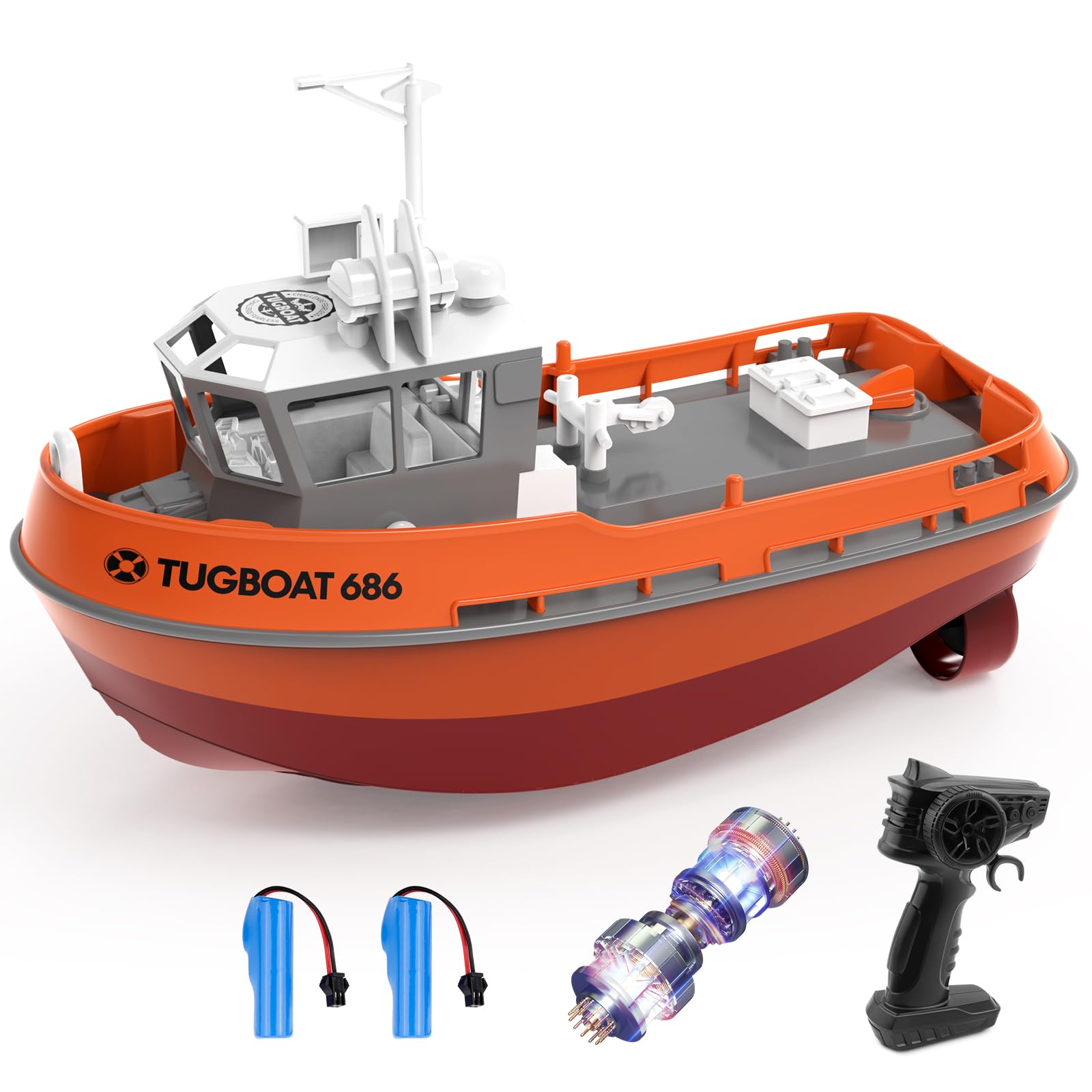 Barca Telecomandata per Bambini Rimorchiatore Telecomandato 1:72 Impermeabile 2,4GHz Due Batterie Ricaricabili 40 Minuti di Gioco Barca RC Giocattolo Ideale Regalo per Ragazzi (Arancione)