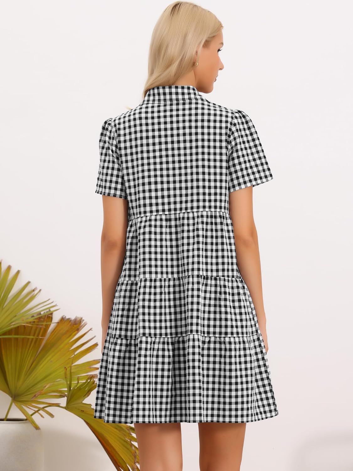 Allegra K Gingham Short Dress for Women Vintage Collared V Neck Short Sleeve Swing Plaid Tiered Mini Dresses - Image 3