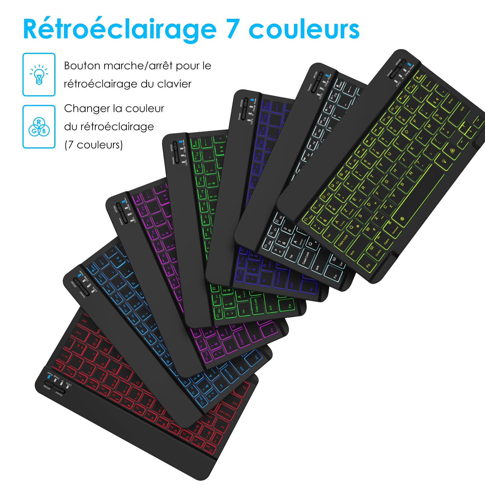 LAMA Clavier et Souris sans Fil rétroéclairés 7 Couleurs, Clavier Universel Ultra Fin Rechargeable, Clavier Bluetooth Portable pour iPad/Tablette/iOS/Android/Windows/téléphone, Rétroéclairage Noir