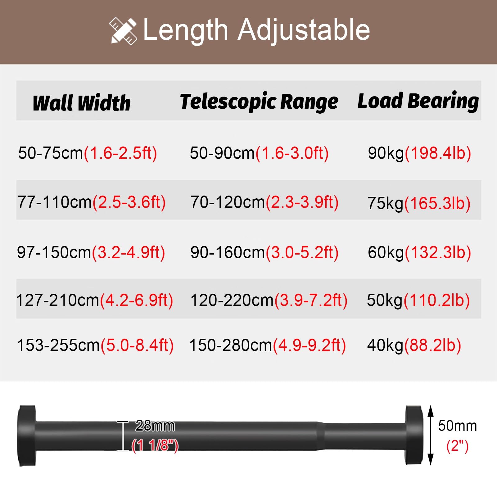 Barra de tensión extensible sin taladro, armario de aluminio para dormitorio y lavandería, ajustable de 50 a 80 cm, para balcón o guardarropa.
