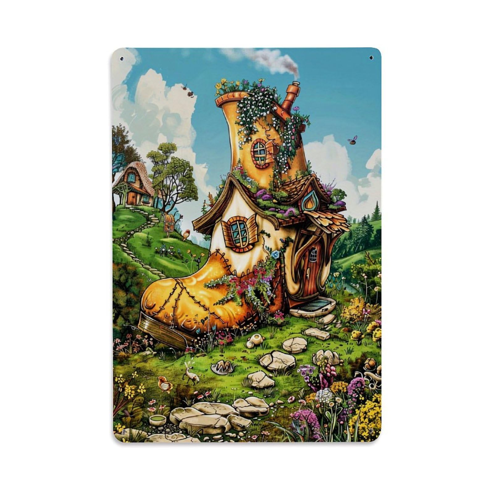 Whimsical Boot House Garden Scene Tin Sign Metal Poster Vintage Metal Signs for Home Man Cave Bar Cafe Kitchen laundry room Wall Decorations Gift 8x12Inch