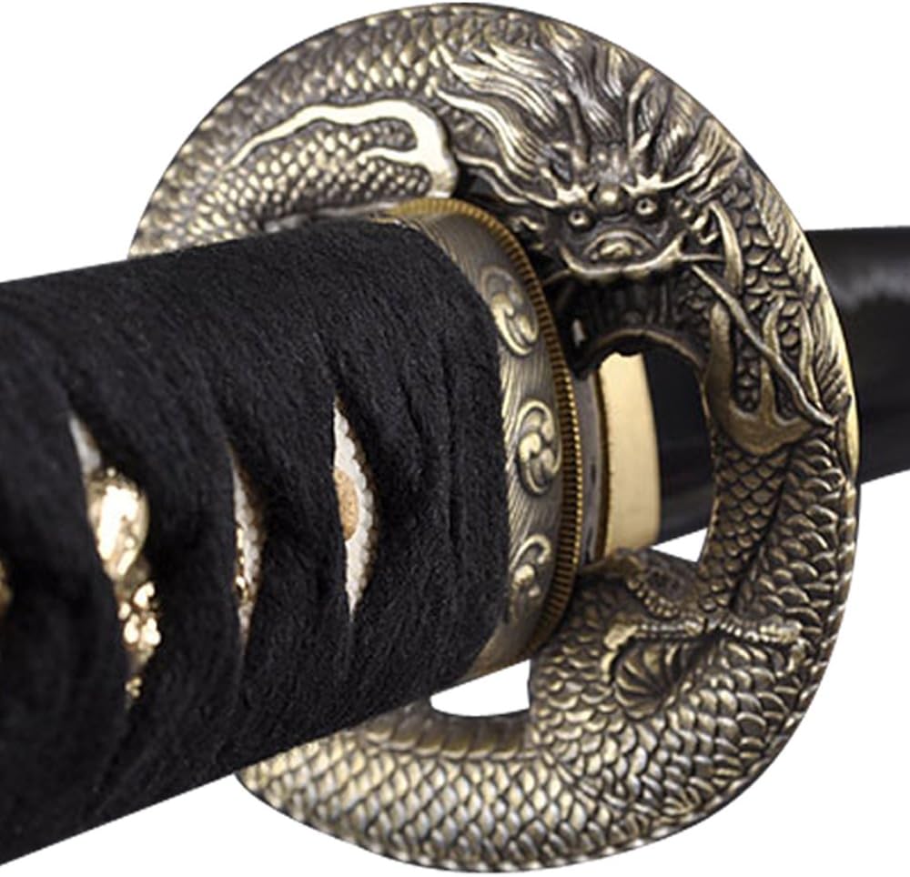 Handmade SwordFully Practical Samurai Katana Sword, Dragon Tsuba, 1045 Carbon Steel, Hand Forged Heat Tempered, Full Tang, Sharp, Red Black Scabbard