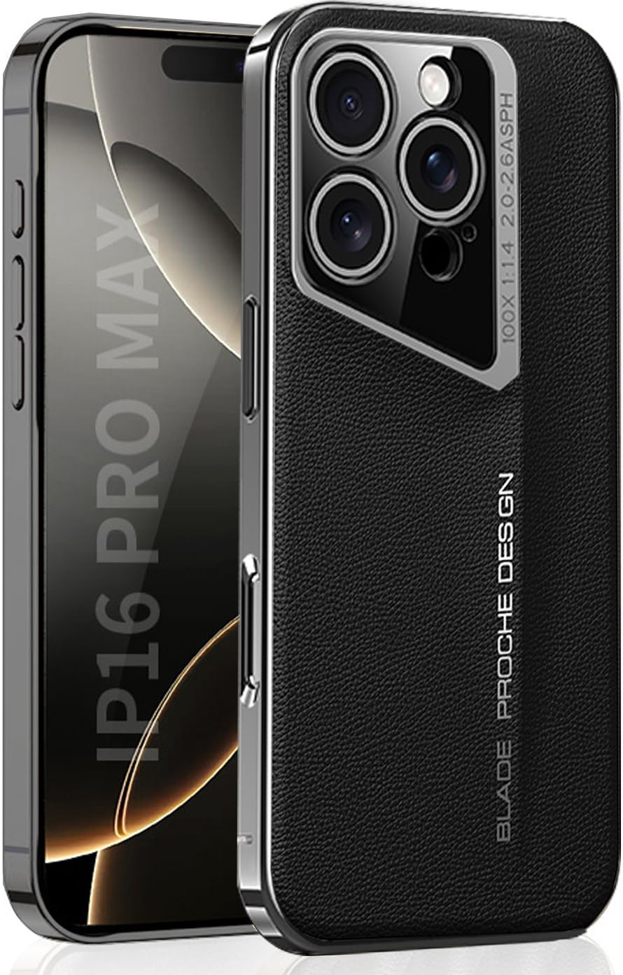 Furwabo Leather Case for iPhone 16 Pro Max, Ultra Thin Sports Car Design, PU Leather with Hard PC Protective Slim Shockproof Cover with Luxury