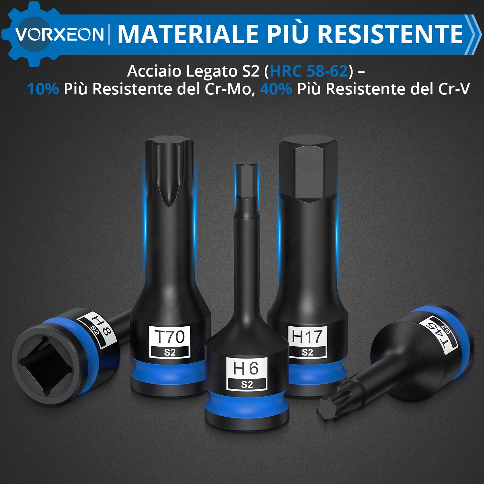 Set 16 PZ Chiavi a Bussole H e T in Acciaio S2 con Attacco da 1/2"