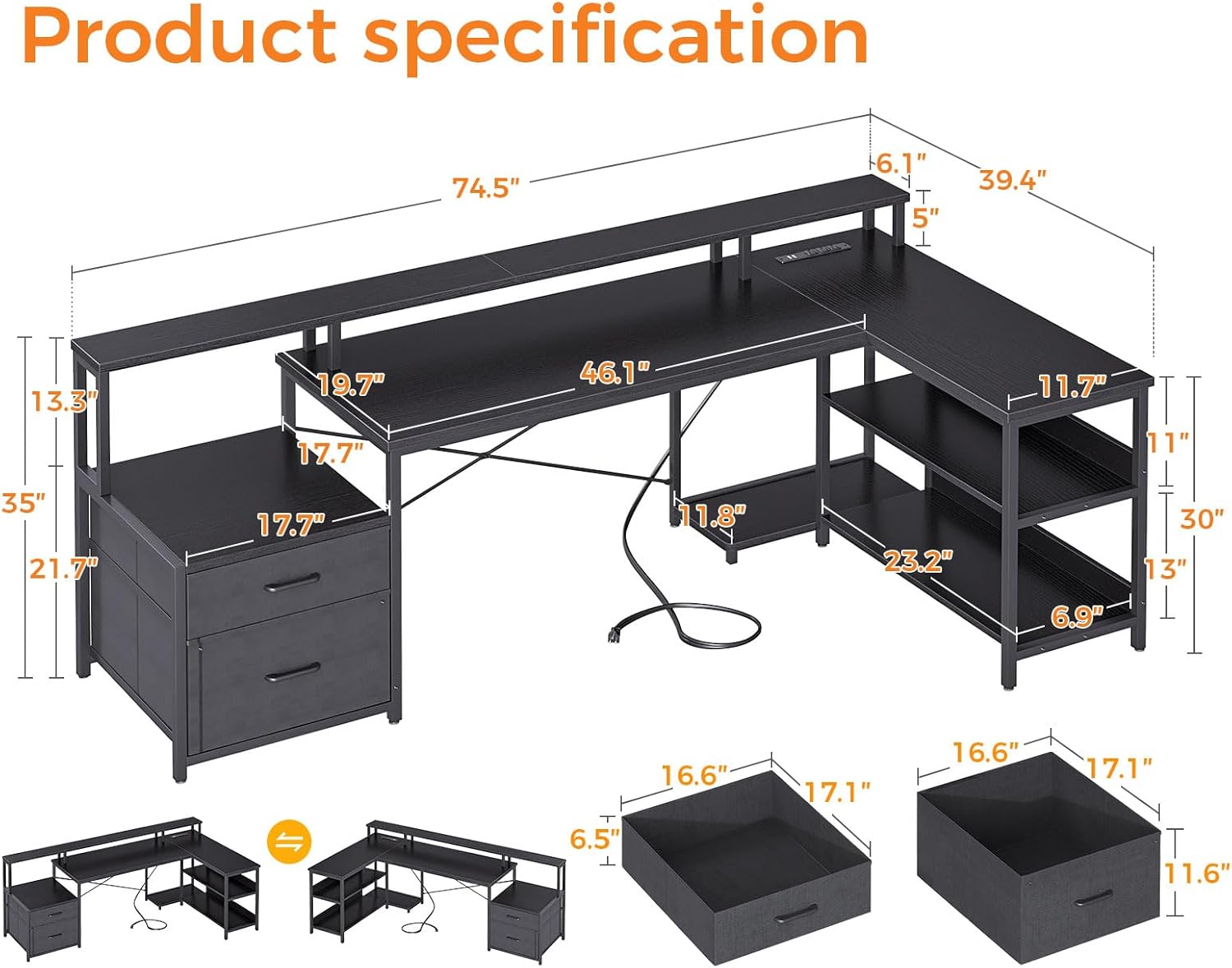 ODK 75" L Shaped Desk with File Drawers, Work from Home Office Desk with Power Outlet, Reversible Computer Desk with Storage Shelves, Gaming Desk with Monitor Shelf, Corner WFM Table, Black