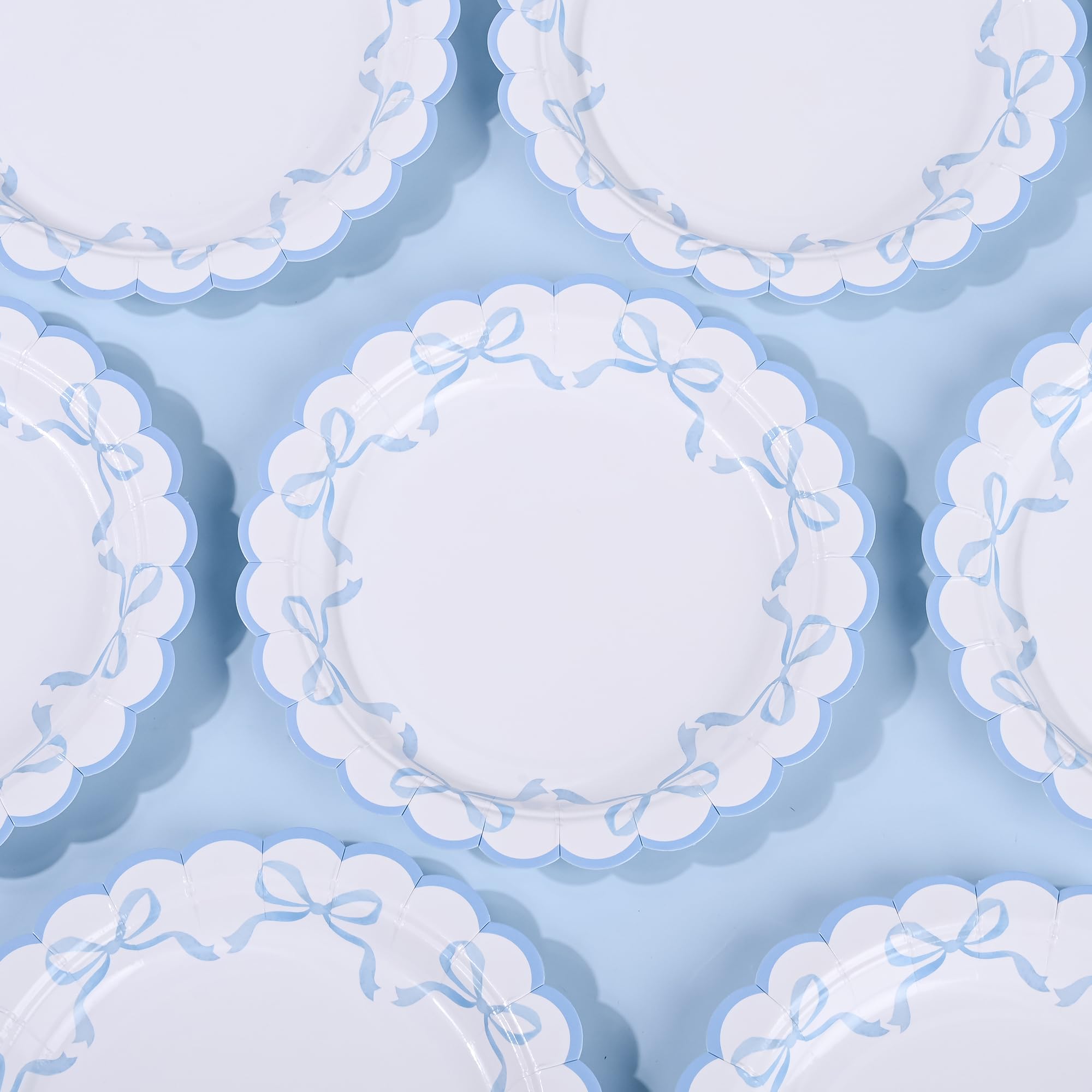 24 platos de papel con lazo azul, platos desechables para fiesta, lazo festoneado de 7 pulgadas, plato de postre para cumpleaños, novia, baby shower, vajilla de decoración de mesa