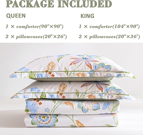 Miniatura 7 de ALEISSEL Juego de edredón floral de 3 piezas, 100% algodón natural, tamaño King, edredón verde con lujosas flores amarillas y azul aguamarina y