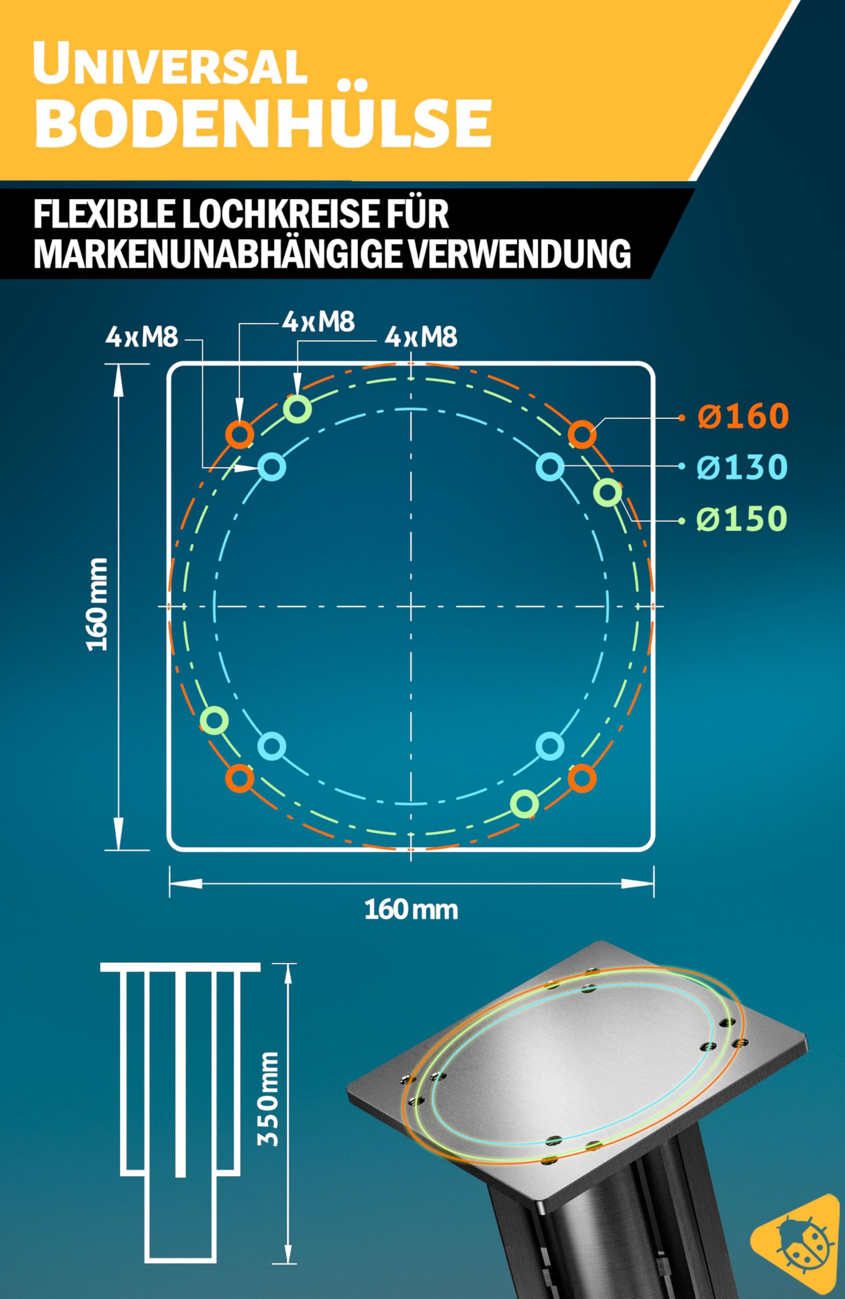 4smile Bodenhülse Sonnenschirm - verzinktem Stahl Bodenanker Ampelschirm mit Bodenplatte zum Einbetonieren, Zeitlose Qualität - Universeller Sonnenschirmständer Ampelschirm, belastbar bis 500 kg