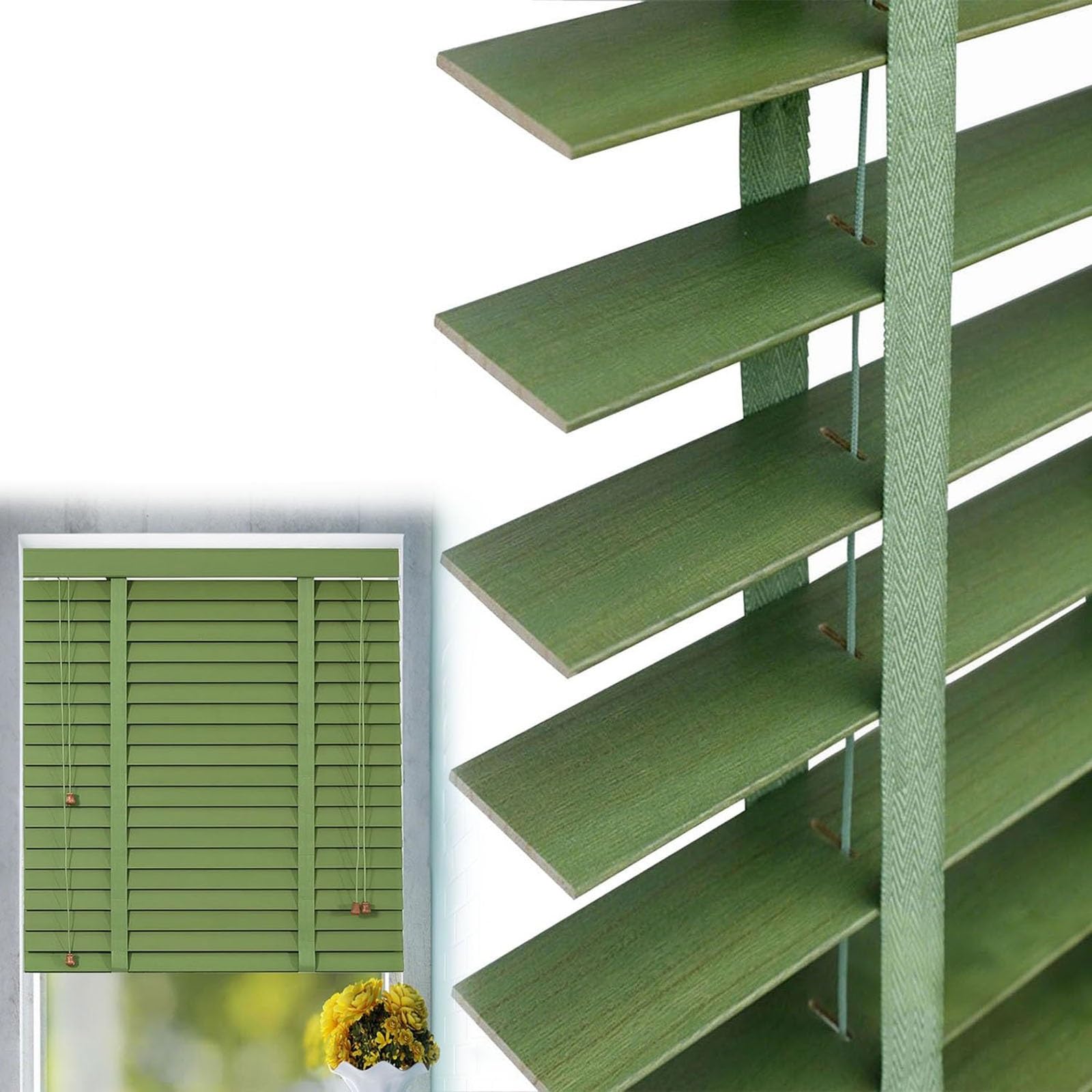 Wooden Indoor Window Blinds 50mm Slats, 30cm 40cm 50cm 60cm 90cm 100cm 120cm 140cm 150cm 160cm 180cm Privacy Horizontal Shades, Plantation Style Wooden Venetian Blind(Green)