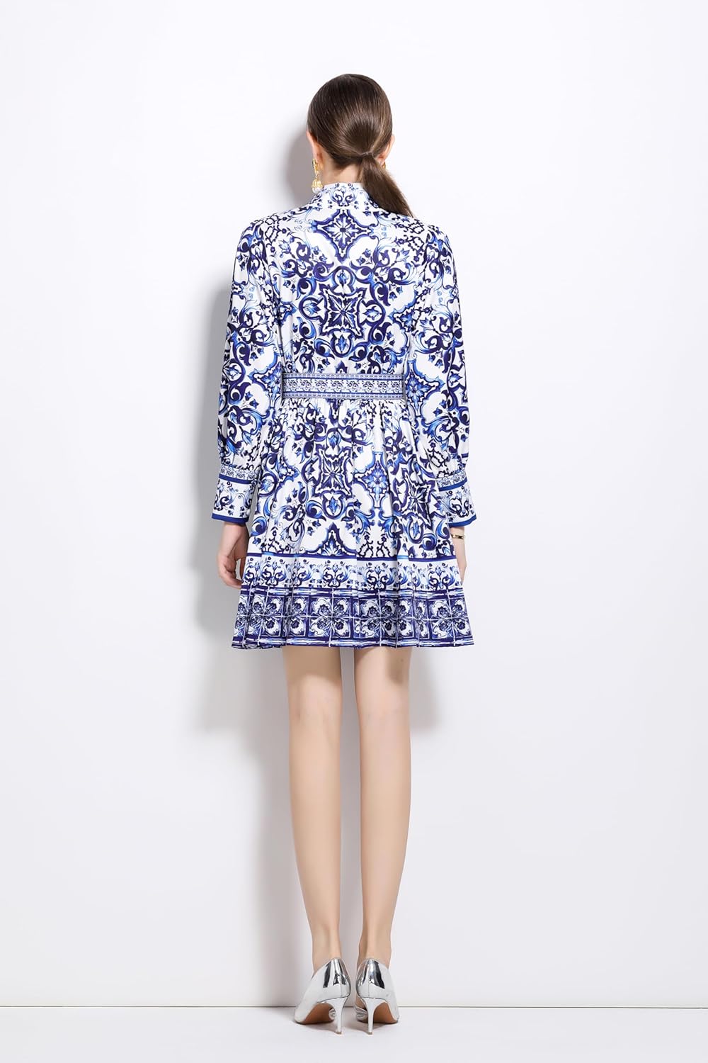 LAI MENG FIVE CATS Women's Button up Floral Print Long Sleeve Casual A-line Mini Shirt Dress with Belt - Image 5