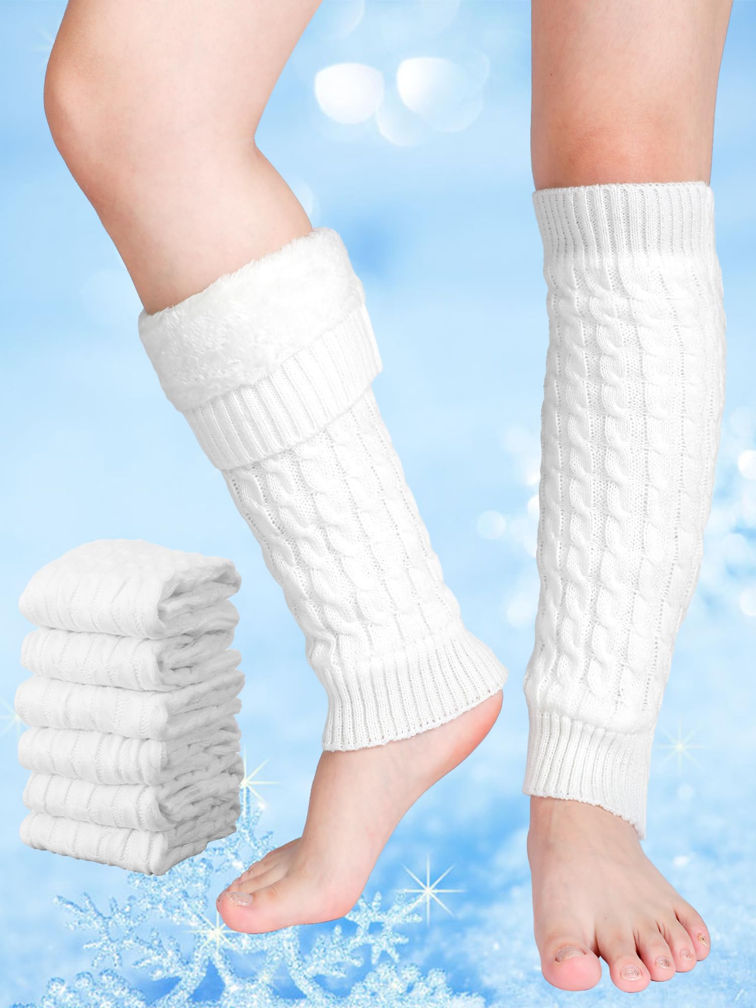 Chuarry 3 Pairs Winter Fleece Lined Leg Warmer for Women Skating Leg Warmer Long Boot Socks for Women Skating Every Day Wear: White 8 Figure Knit Pattern