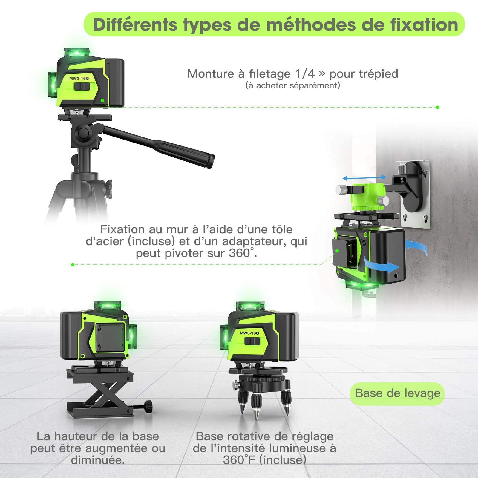 Niveau Laser Chantier Autonivelant 360° x 4, Laser Niveaux 4D 16 Lignes Laser, Autonivellement et Mode Pulsé Extérieur, 2 x Batterie, Nivellement Automatique, Support Rotatif, Télécommande