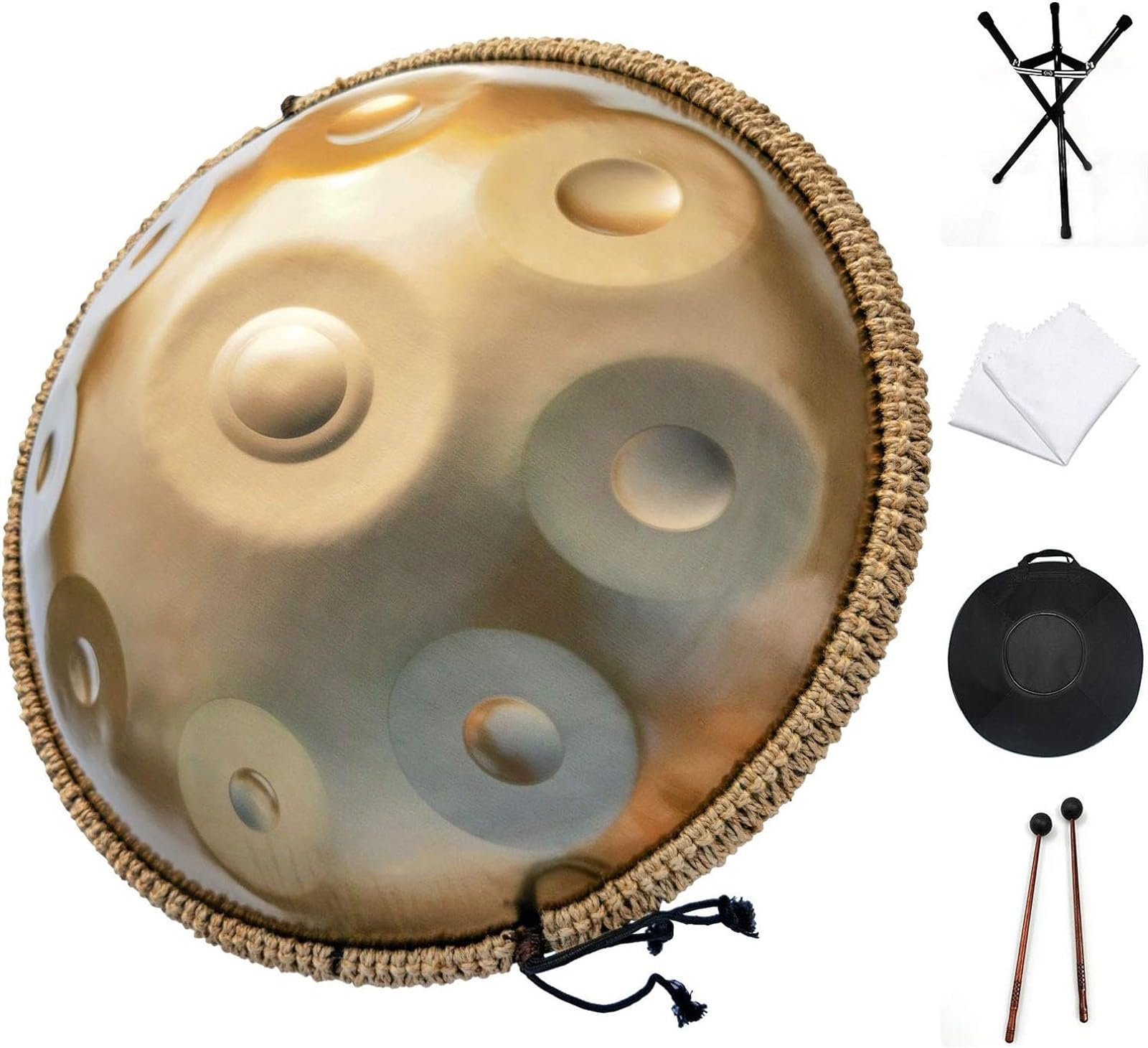 STORYSUNG440Hz Handpan Drum Instrument,D Minor 9 Notes 22 Inches Steel Hand Drum with Soft Hand Pan Bag, 2 Handpan Mallet,Handpan Stand, for Sound Healing, Personal Meditation,Yoga(Gold,12Notes)