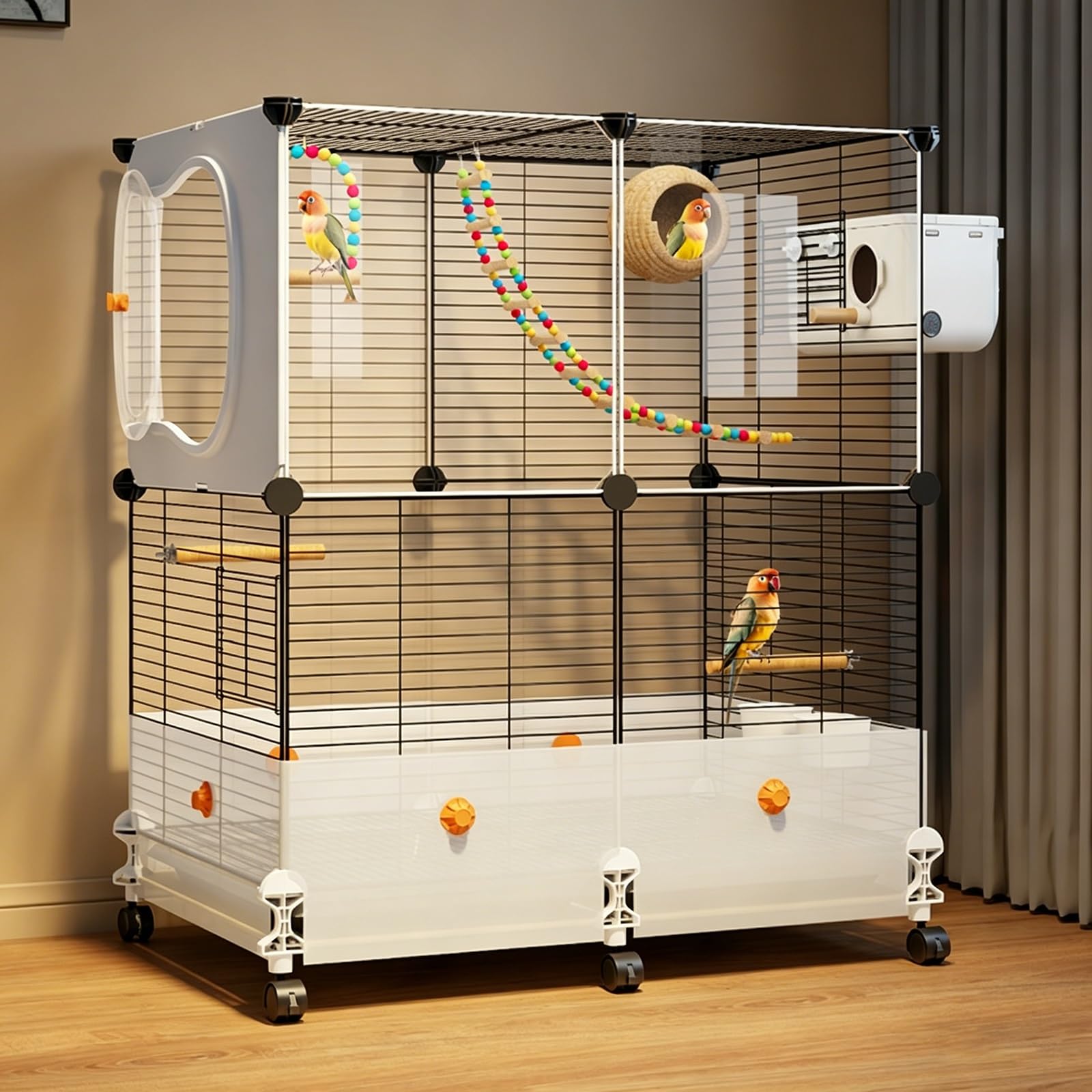 Bird Cage,Large Parrot Cage with Acrylic Doors, 3-Tier Movable Birdcage Parakeet Cage w/Wheels, 360° View Spacious Interactive Bird House(72 * 36 * 82cm)