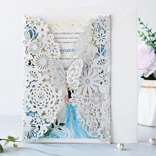 Miniatura 3 de Hosmsua 5.12 x 7.3 50 tarjetas de invitación personalizadas de mariposa cortadas con láser de mariposa de encaje hueco para invitaciones de boda de