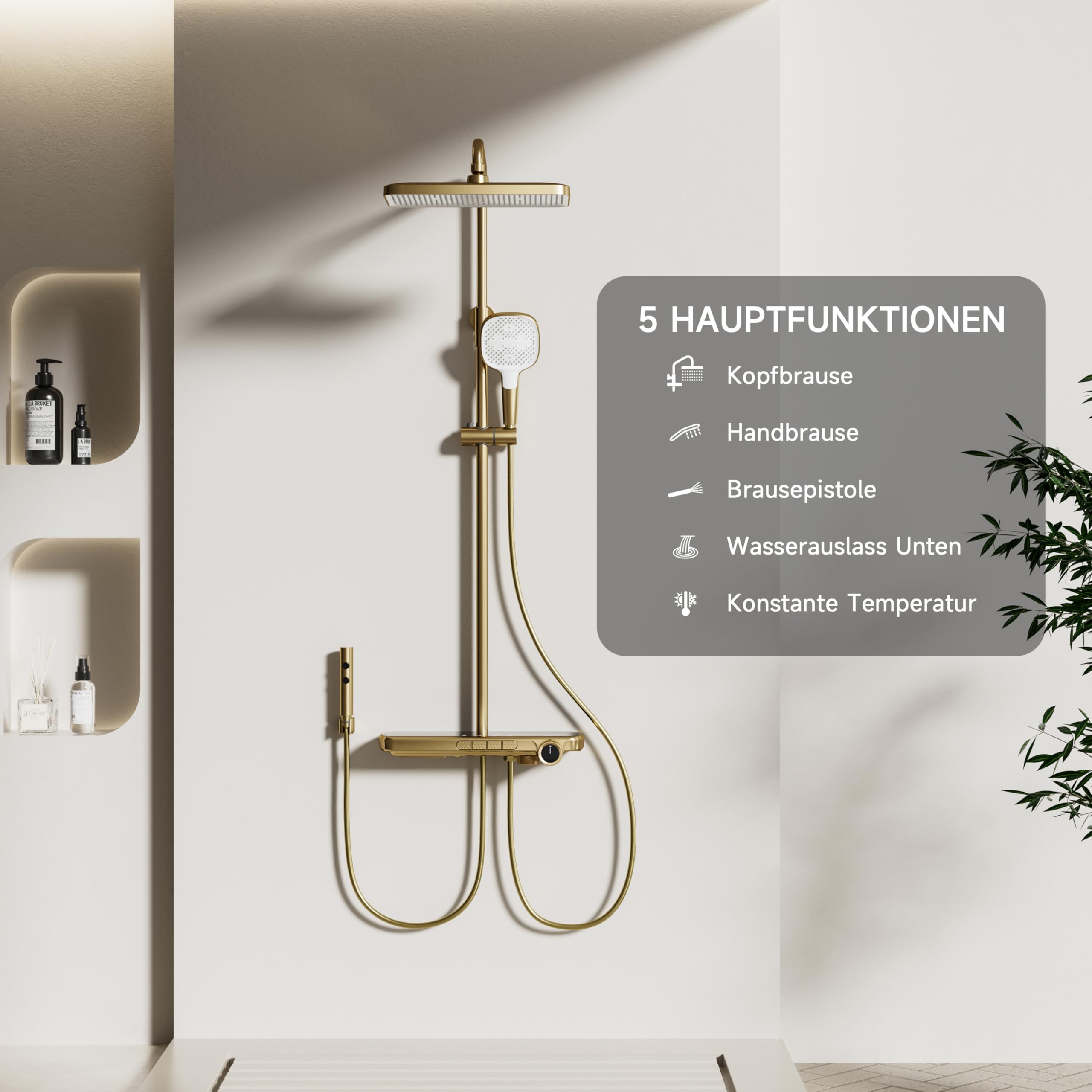 Duschsystem Gebürstetes Gold, 4-Funktionen-Duschset mit Thermostat | Ausgestattet mit einer 350 × 220 mm großen Kopfbrause, einer Handbrause, einer Sprühpistole und einem unteren Wasserauslass