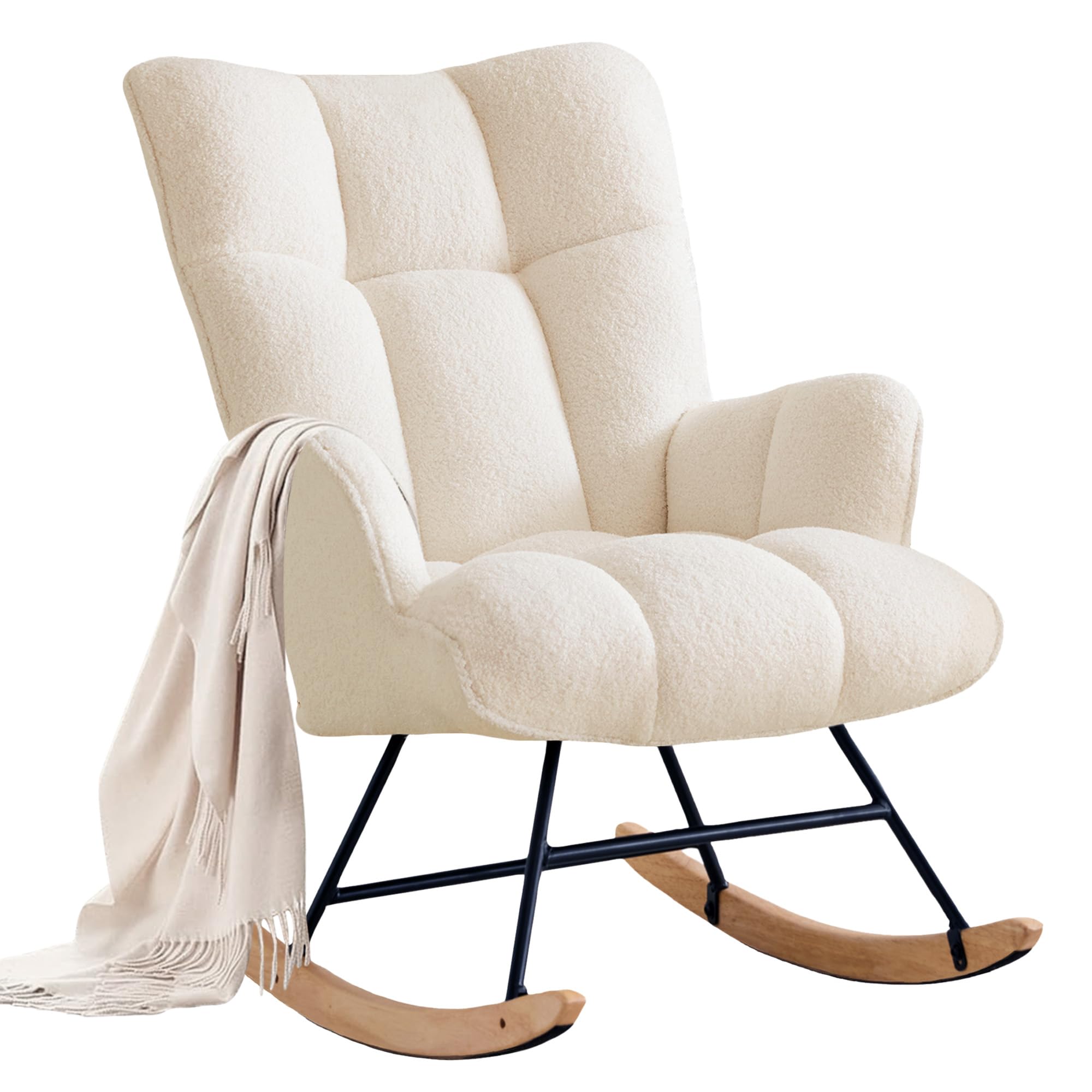 Schaukelstuhl Stillsessel Schaukelsessel mit Armlehnen Gepolsterter Stillstuhl Relaxsessel für Wohnzimmer Babyzimmer Bis 136 kg Belastbar Rocking Chair Nursery Elfenbeinfarben