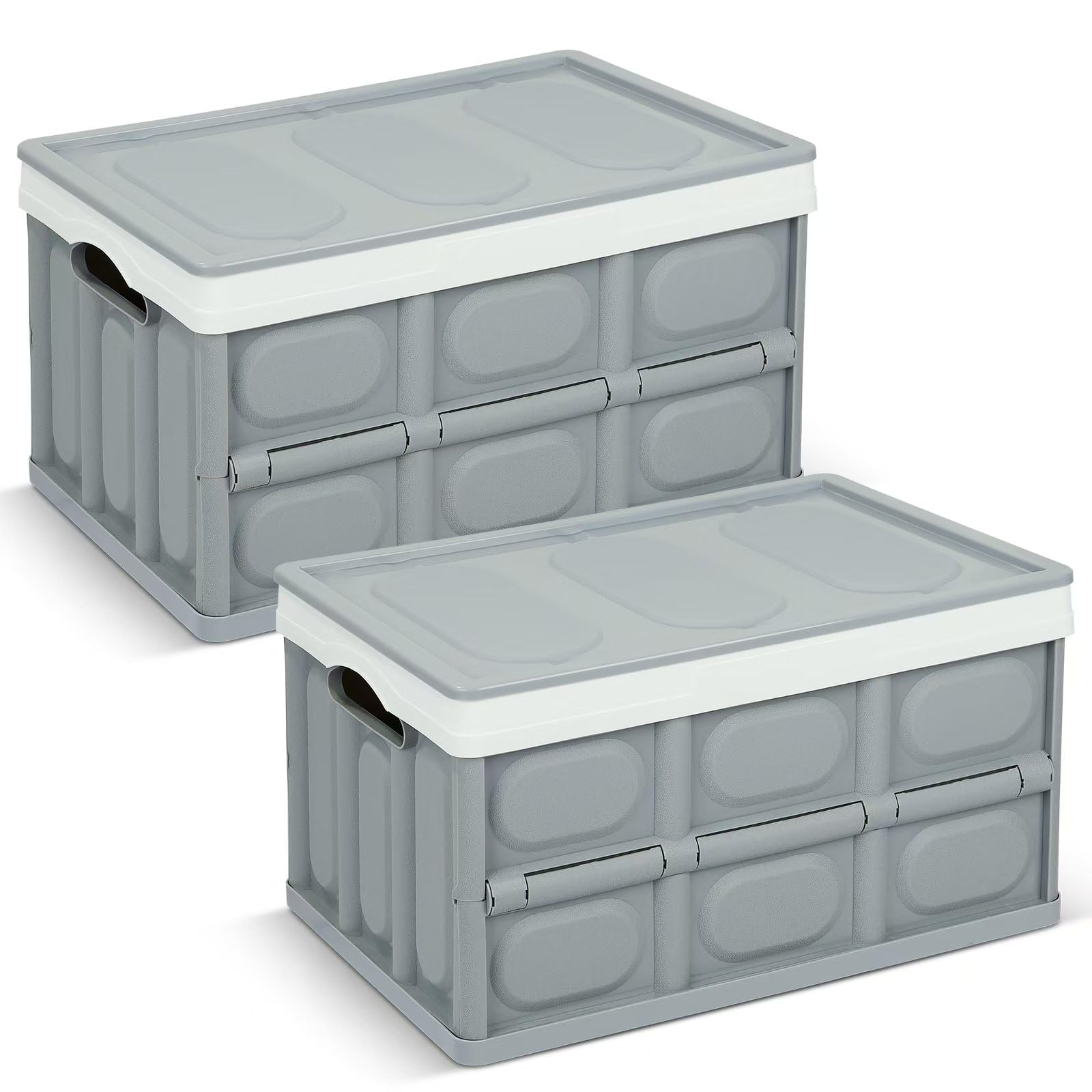 2 Pack Collapsible Storage Boxes with Lids 30L - Plastic Stackable Bins, Folding Utility Crates for Clothes, Books, Snacks, Shoes, Grocery Organization - Grey