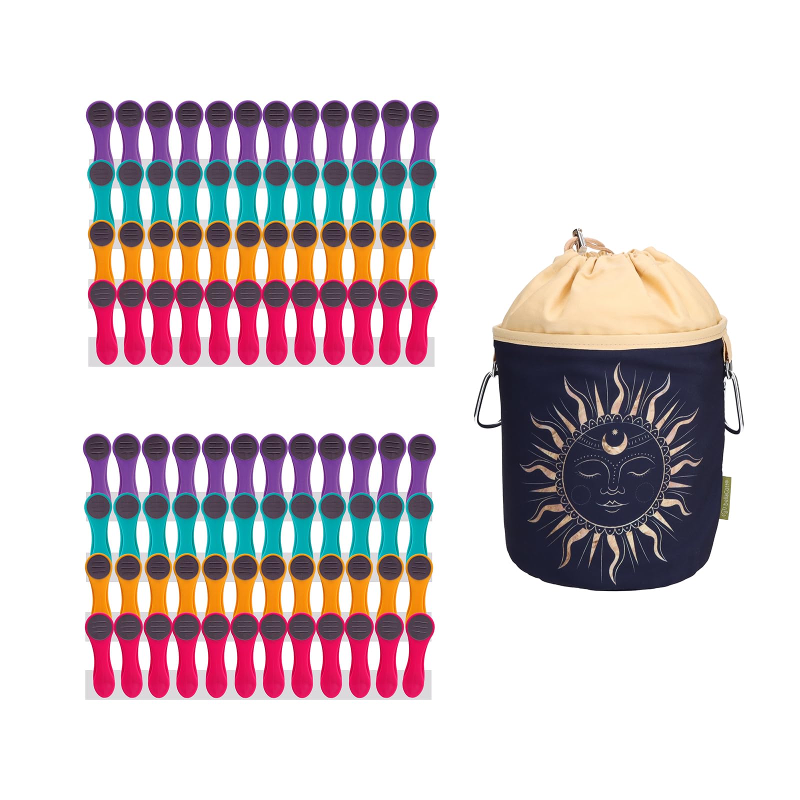 96 Clothes Pegs with Soft Grip and 1 Clothes Peg Bag - 24 x Purple, 24 x Turquoise, 24 x Yellow, 24 x Pink, 1 x Yellow Bag