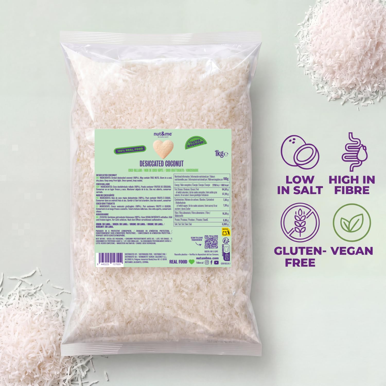 nut&me Coco rallado deshidratado de Sri Lanka 1 kg | Natural sin azúcar añadido, conservantes ni aditivos | Alto contenido en fibra | Sin Gluten | Perfecto para Repostería