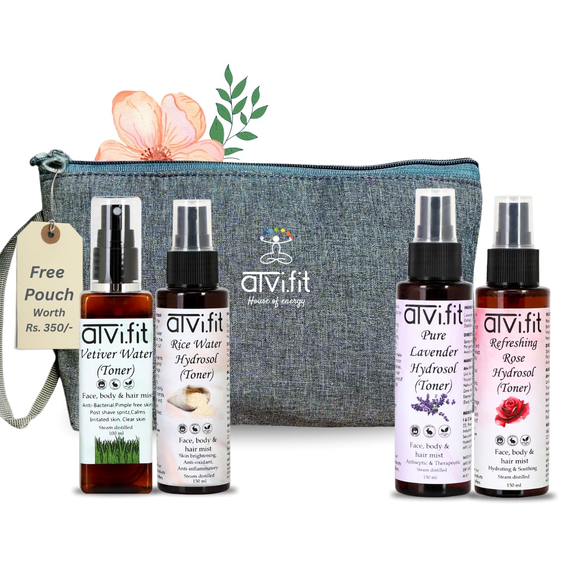 Atvi.fit Natural Hydrosol and Toner Skin Care & hair care with free Pouch | Vetiver Water Natural Skin Toner 100ml,Rice Water Toner/Mist Spray/Hydrosol 150ml,Lavender Hydrosol 150ml,Rose Water Skin Toner 150ml-image-6