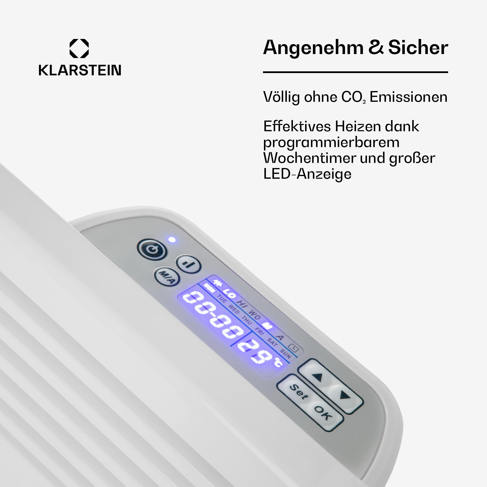 Klarstein Elektrischer Heizkörper mit geringem Energieverbrauch, 2000 W, elektrische Heizung für den Innenbereich mit Thermostat, Erkennung von offenen Fenstern, tragbare Zusatzheizung, leiser