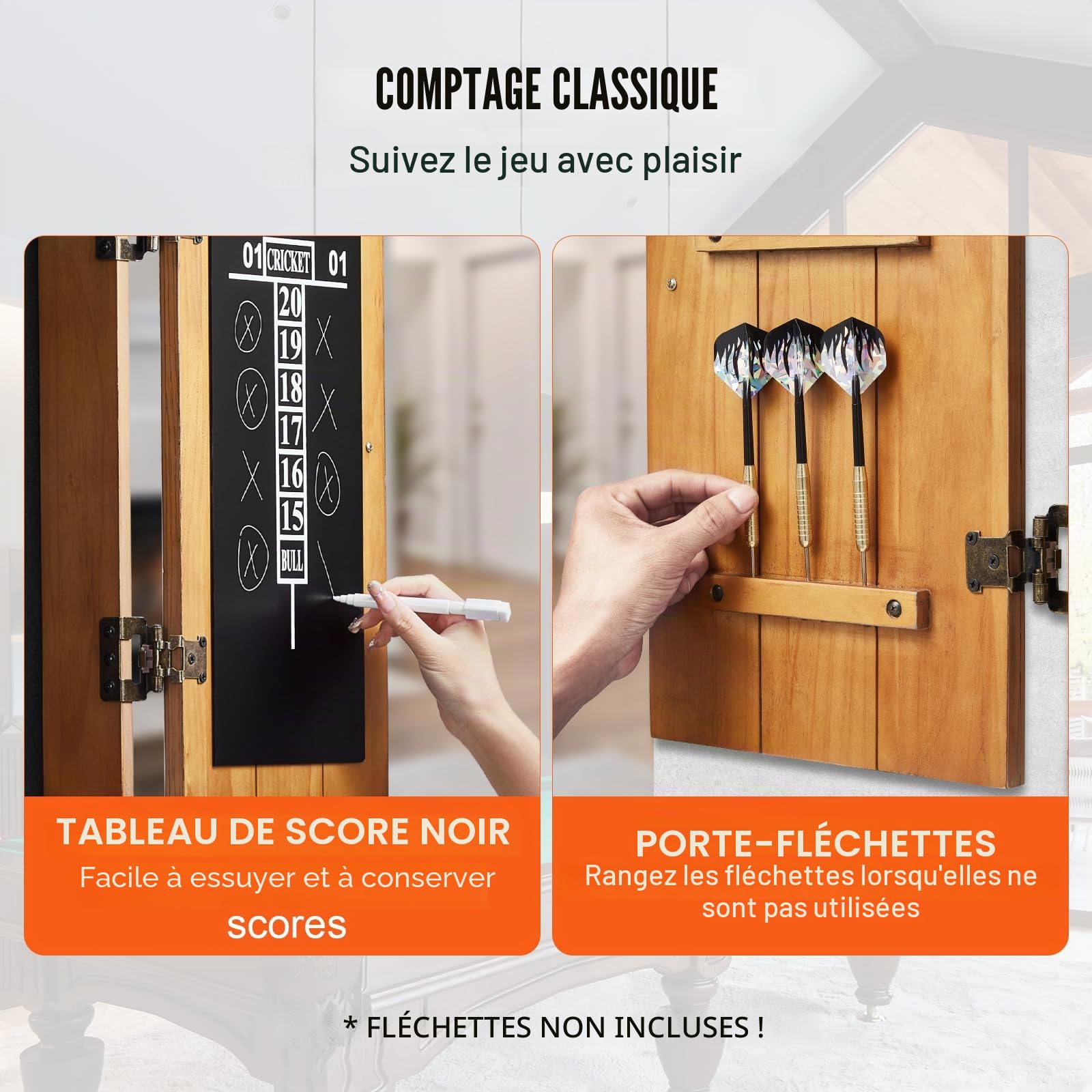 VEVOR Armoire à Fléchettes en Bois Massif, Coffret Dissimulée de Taille Officielle avec Tableau de Score et Accessoires, Assemblage Facile, pour Jeux de Cricket (Cible de Fléchettes Non Incluse)