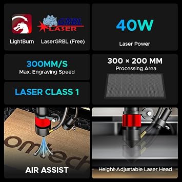 آلة نقش ليزر ثاني أكسيد الكربون OMTech K40+ بقدرة 40 وات، آلة نقش ليزر سطح المكتب مقاس 20x30 سم للاستخدام المنزلي، قاطعة نقش ليزر بسرعة 300 مم/ثانية مع مساعد هواء برأس ليزر قابل للتعديل للزجاج الخشبي (مع LightBurn)