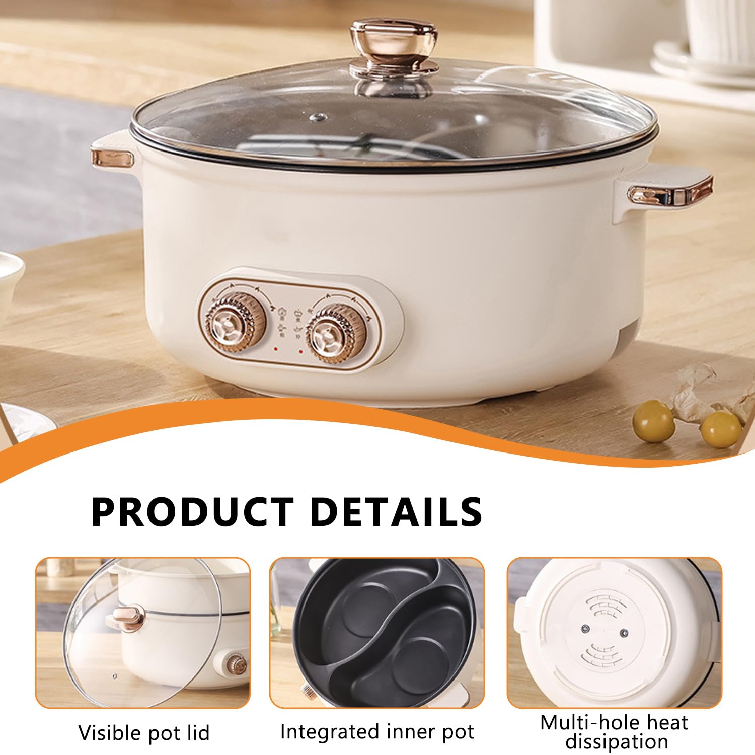 Hot Pot Elektrisch, 5.5L Doppelter Topf mit Zwei Reglern, 1600W Elektrischer Kochtopf mit Trennwand - 3 Speed Settings, Multifunktionale Hotpot für Braten Ramen Fondue und GemüSe Rühren