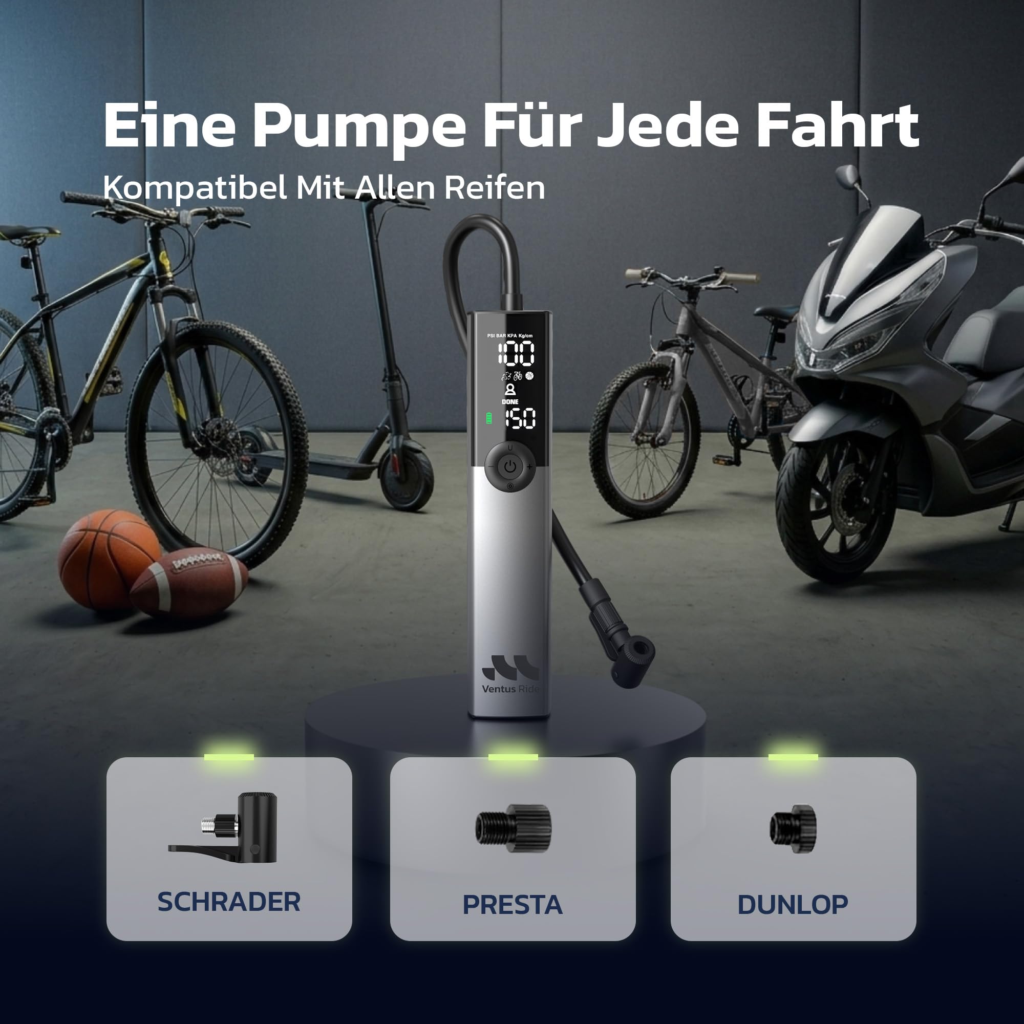 Woowind Ventus Ride Fahrradpumpe, 150 PSI/10,3 Bar, Elektrische Luftpumpe, Aufpumpen in 1 Minute, Akku Kompressor mit Presta-, Schrader-, Dunlop-Ventil für Rennrad, Mountainbike & E-Bike, Auto-Stopp