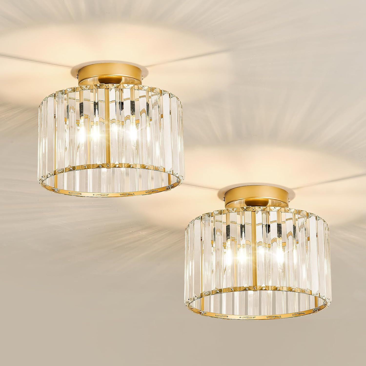 2 Pack Gold Crystal Semi Flush Mount Ceiling Light Vintage Mini Ceiling Light Fixture Metal Close to Ceiling Lamp for Hallway Kitchen Living Room Bathroom Entryway Bedroom Closet Gold2 2-Pack