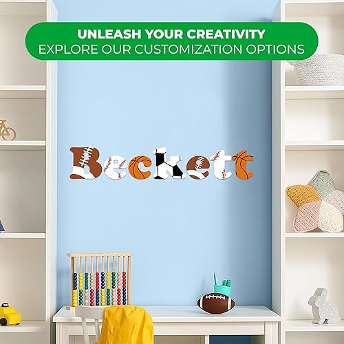 Miniatura 2 de EGD - Calcomanía de pared con nombre personalizado con inicial y pelotas deportivas, I fútbol, béisbol, baloncesto, fútbol, decoración de pared,