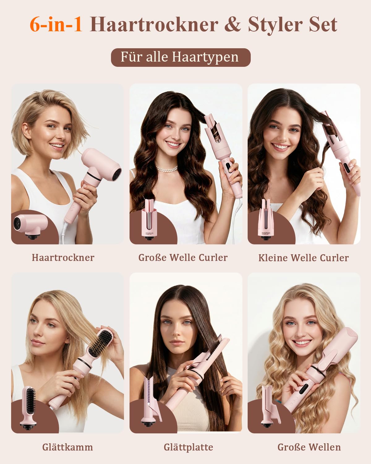 6-in-1Hairstyler, Lockenstab Automatisch Anzug, Glätteisen, Glättbürste, Wellen-Curling-Sticks, Ionen föhn, 25S Schnellheizung， für alle Anlässe und Reisen