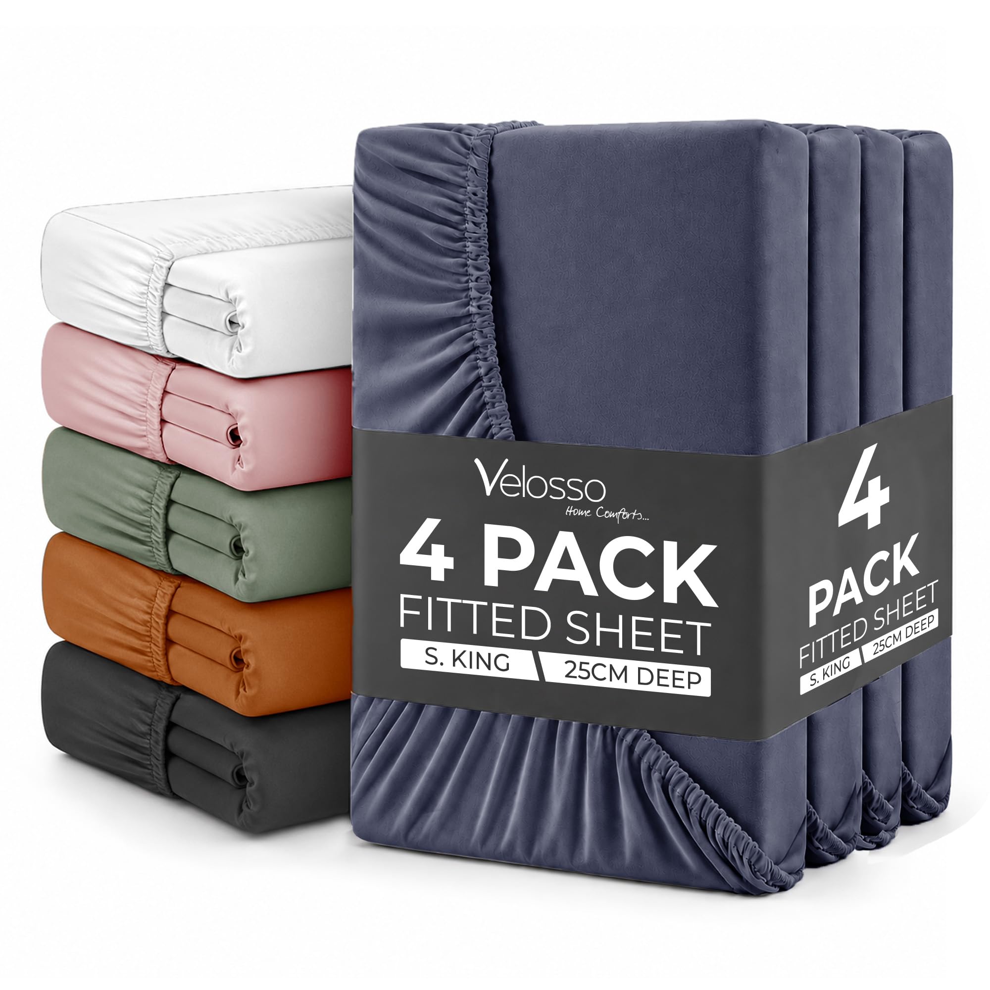 Plain Dye Fitted Sheet 25cms Pocket Soft Brushed Microfibre Fabric Mattress Bottom Bed Sheets (Navy, Super King 4 Pack)