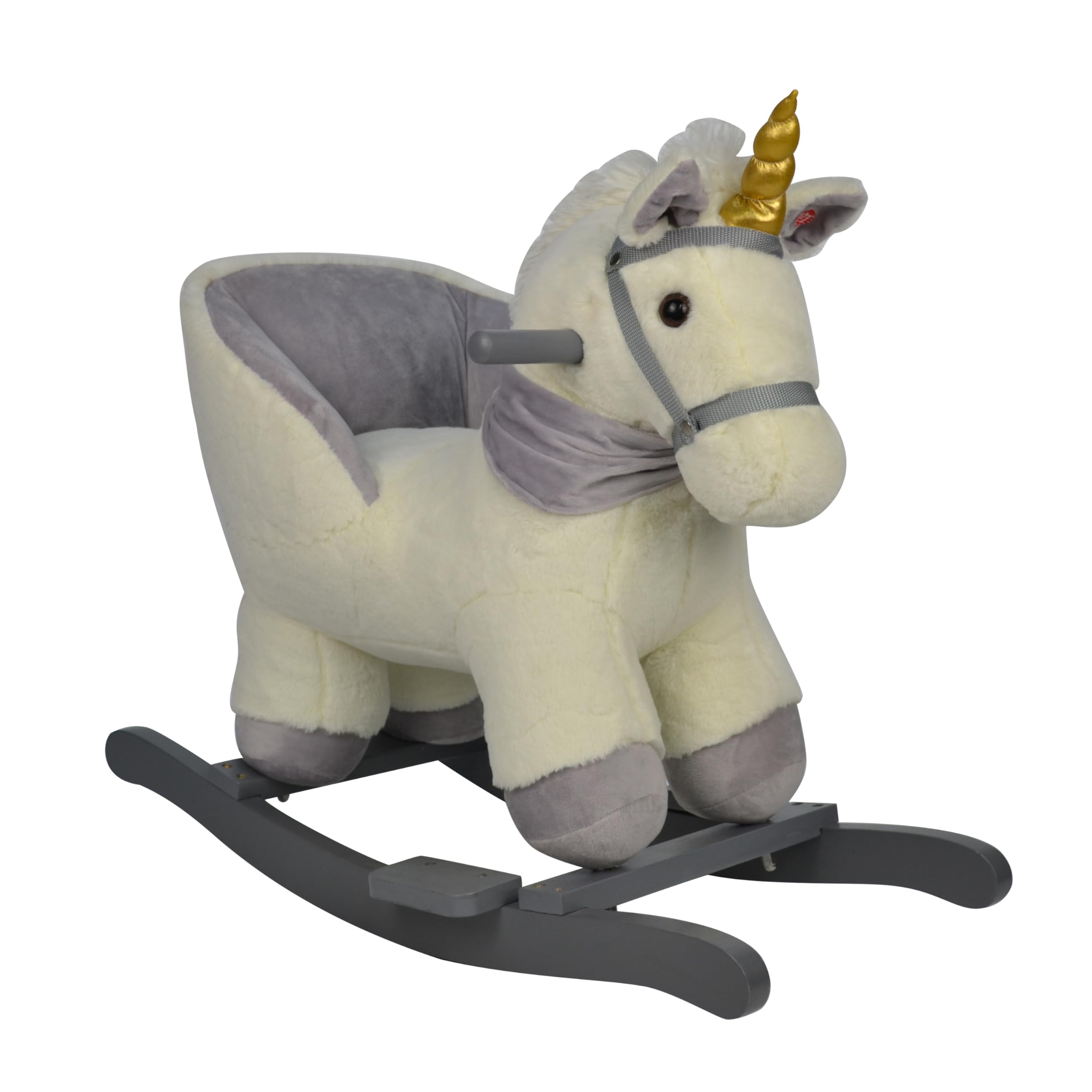 Cavallo a Dondolo Unicorno per Bambini da 18 a 36 Mesi Cavalcabile in Legno e Peluche con Suoni e Cintura di Sicurezza