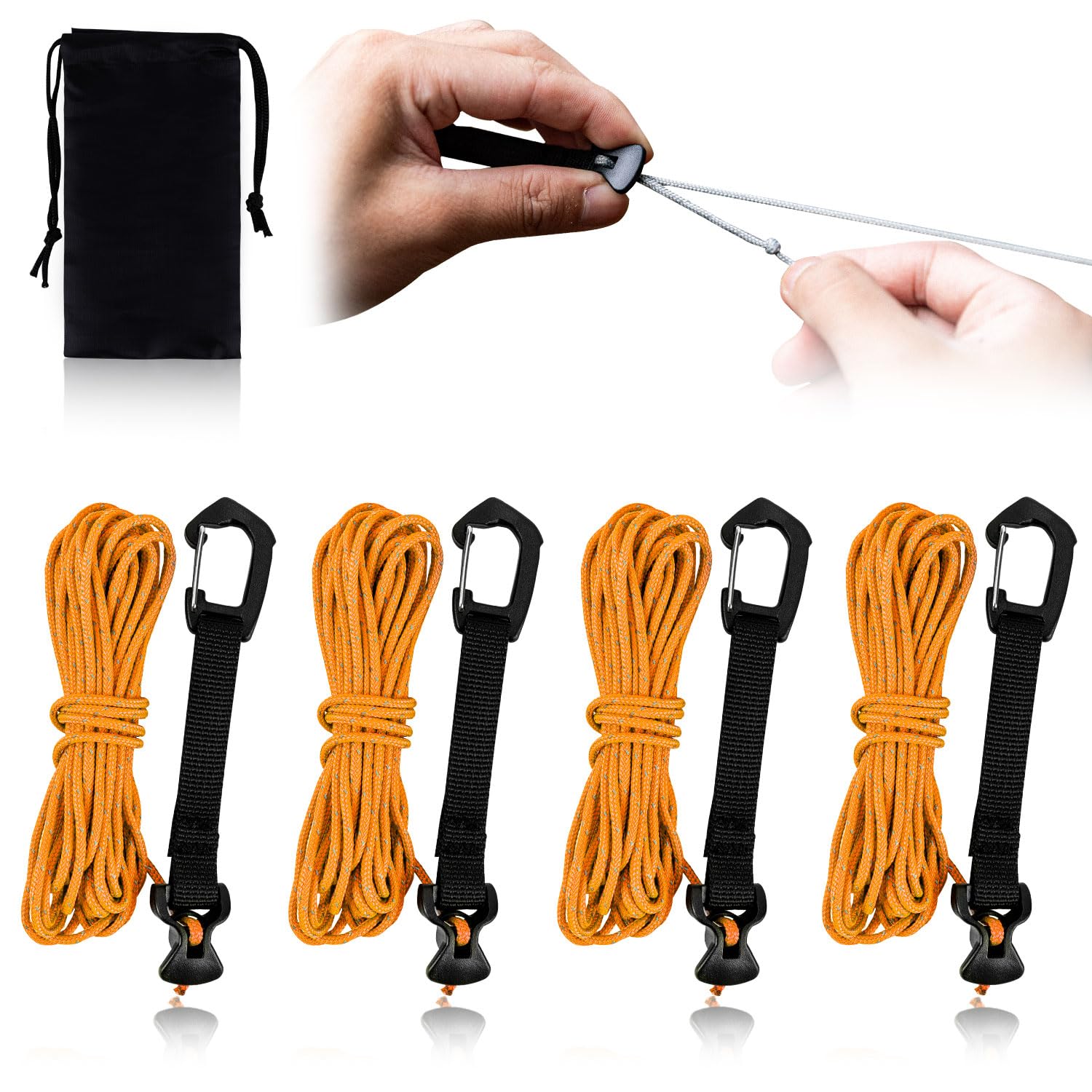 4M Reflective Tent Guy Ropes - Ultralight Outdoor Tent Guide Rope with Locking Carabiner Clip,2mm 100% Nylon Cord Wind Line for Awning Camping Hiking Tents (Orange, 4M)