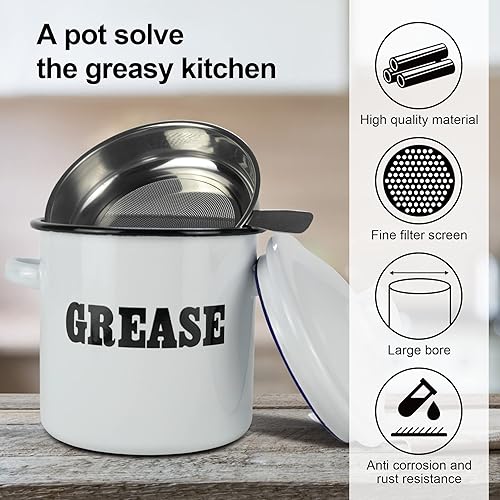 Miniatura 5 de Roadmap Recipiente de grasa de tocino esmaltado blanco de 1.5 L con colador, recipiente de grasa con patrón de letras, protector de grasa de tocino,
