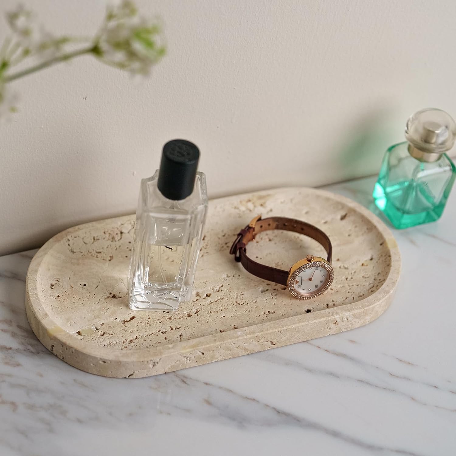Beige Travertine Vanity Tray | Natural Stone Bathroom Organizer | Perfume & Jewelry Storage for Spa, Bedroom, Kitchen | Non-Slip Waterproof Design,9.8"x4.7"x0.6" - Image 5