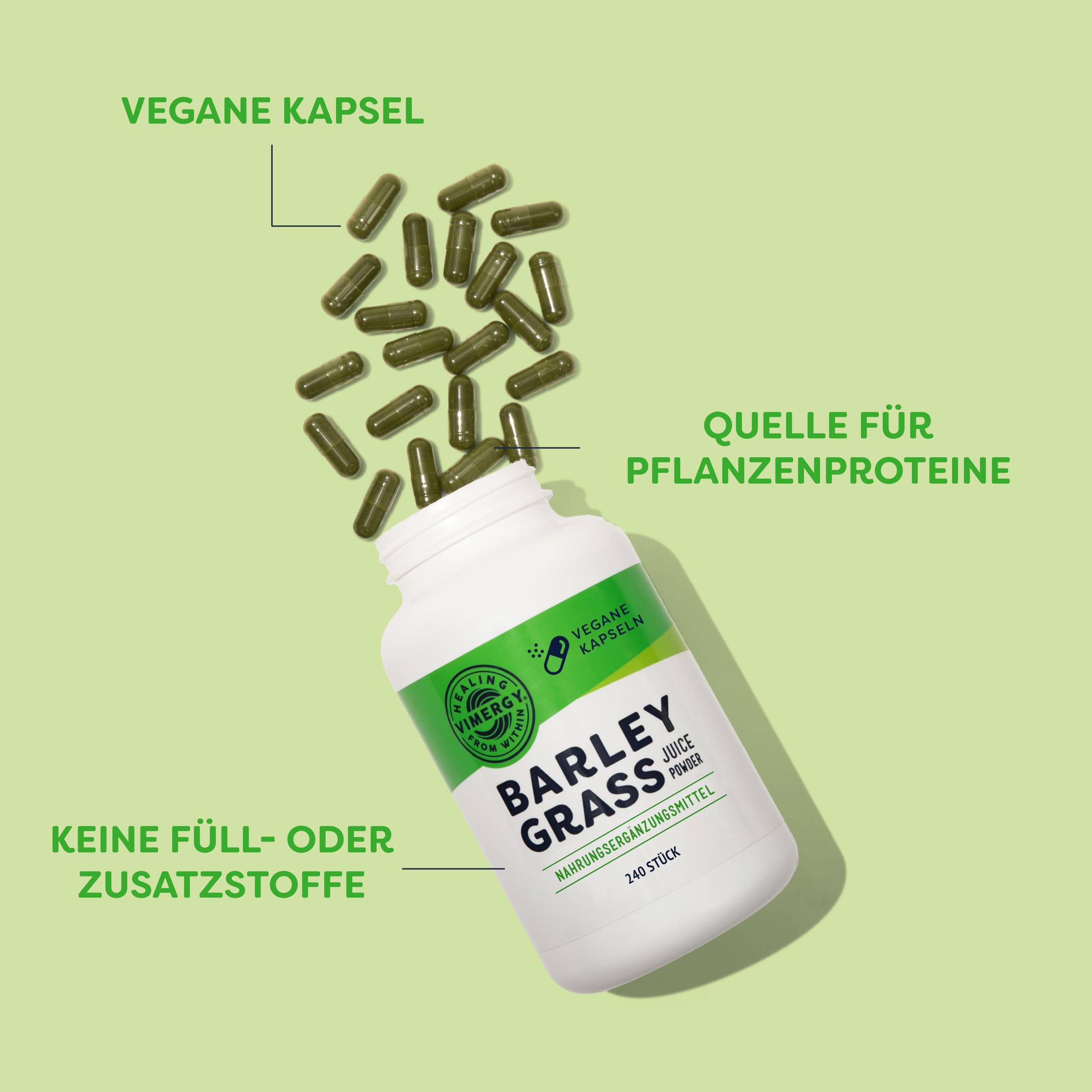 Vimergy Gerstengras Saft Pulver – Supergreen aus Gerstengrassaft Pulver – Vegan - Ohne Trennmittel, ohne Füll- und Geschmacksstoffe, Zucker, Gentechnik, Gluten (240 stück (Kapseln)
